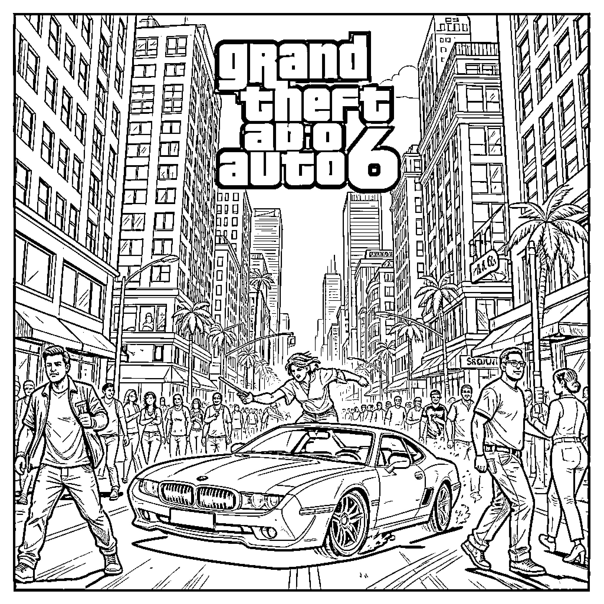 Grand Theft Auto 6: Bustling City Scene with Action Figures Coloring Page (free black-and-white line drawing printable PDF for all, from beginners to advanced learners, including children, teens, adults, and seniors)
