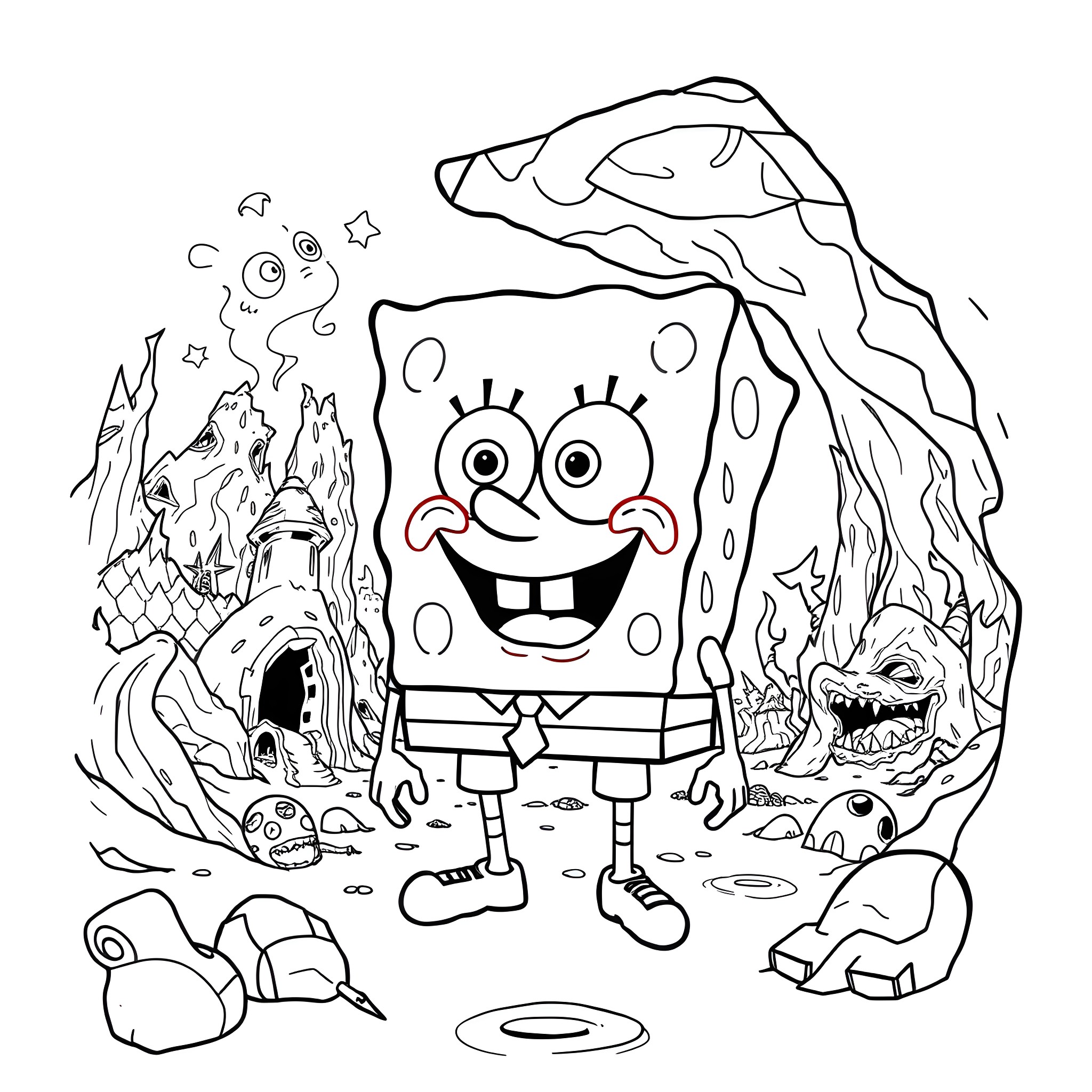 Spongebob exploring a spooky underwater cave Coloring Page (free black-and-white line drawing printable PDF for all, from beginners to advanced learners, including children, teens, adults, and seniors)