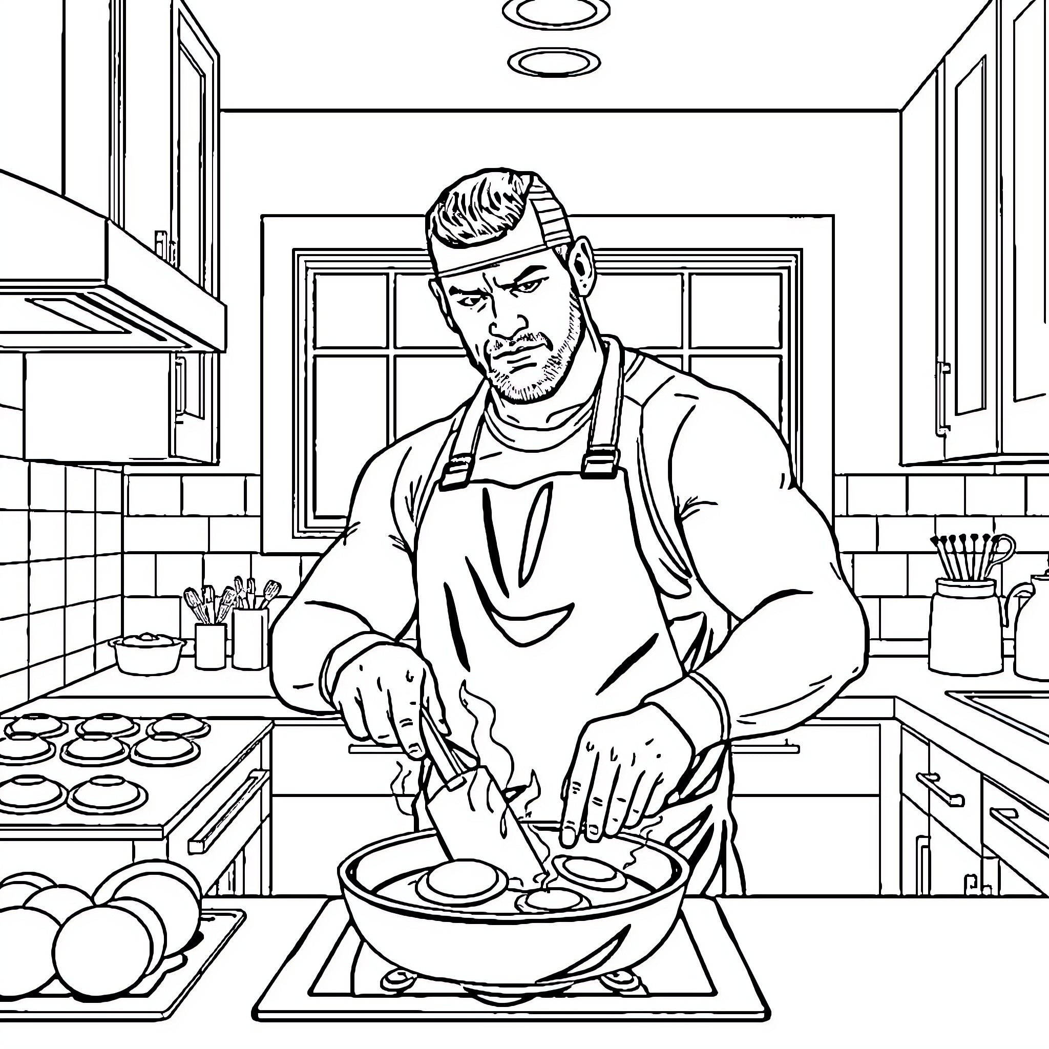 John Cena cooking up a storm in the kitchen Coloring Page (free black-and-white line drawing printable PDF for all, from beginners to advanced learners, including children, teens, adults, and seniors)