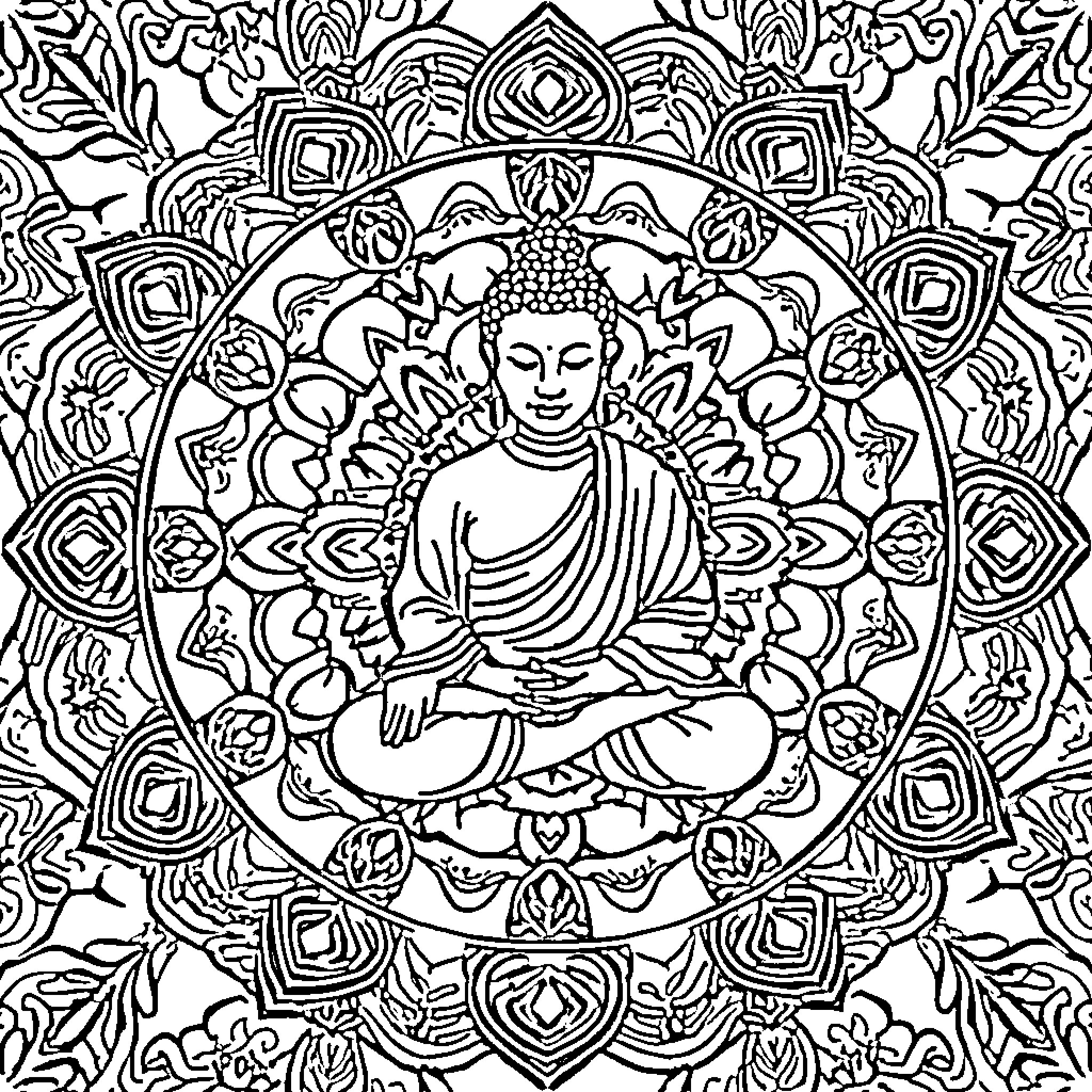 Buddha in meditation surrounded by intricate mandala patterns Coloring Page (free black-and-white line drawing printable PDF for all, from beginners to advanced learners, including children, teens, adults, and seniors)