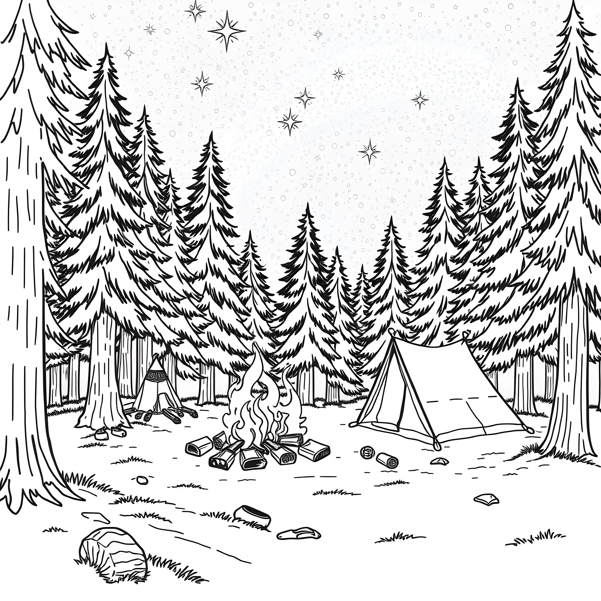 Camp under the starry night sky Coloring Page (free black-and-white line drawing printable PDF for all, from beginners to advanced learners, including children, teens, adults, and seniors)