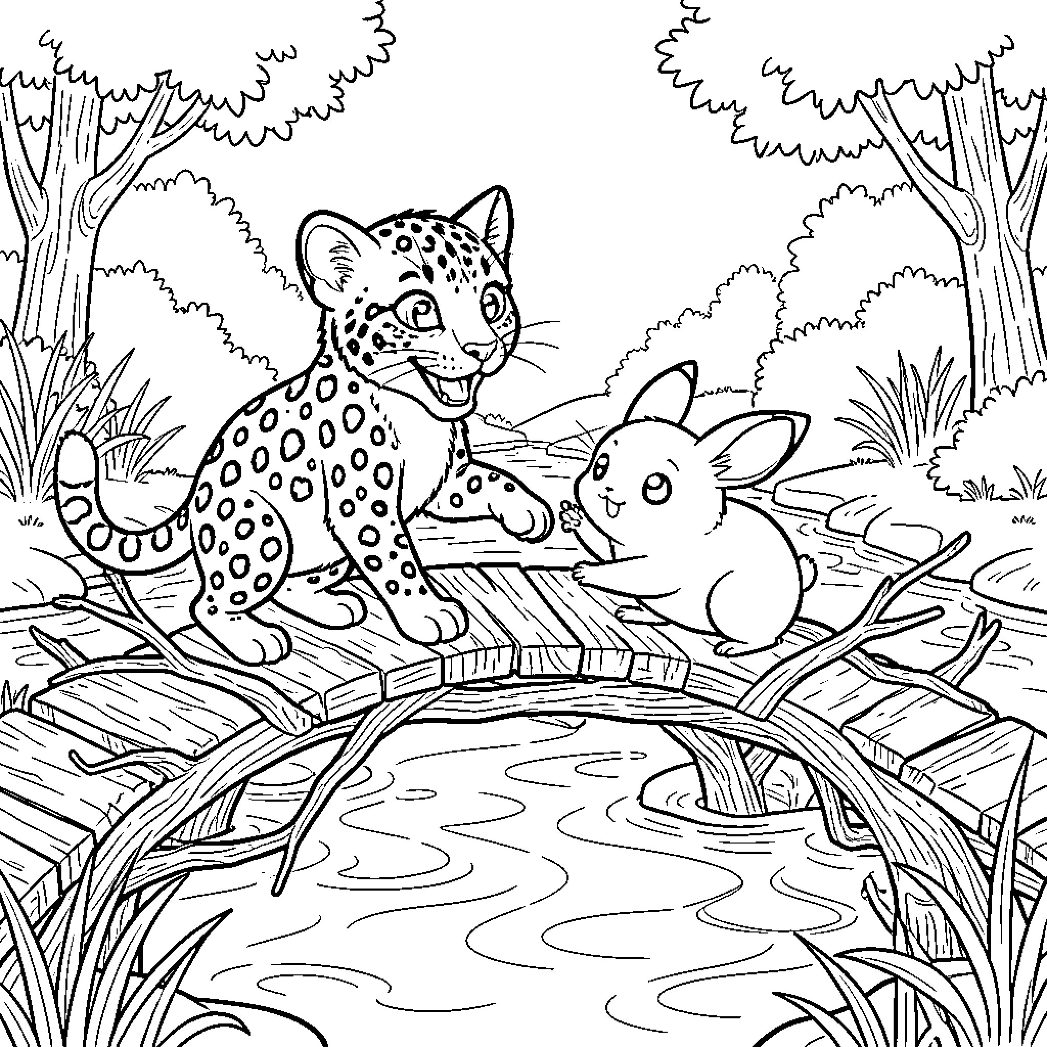 Bébé Guépard playing in the forest with a curious rabbit Coloring Page (free black-and-white line drawing printable PDF for all, from beginners to advanced learners, including children, teens, adults, and seniors)