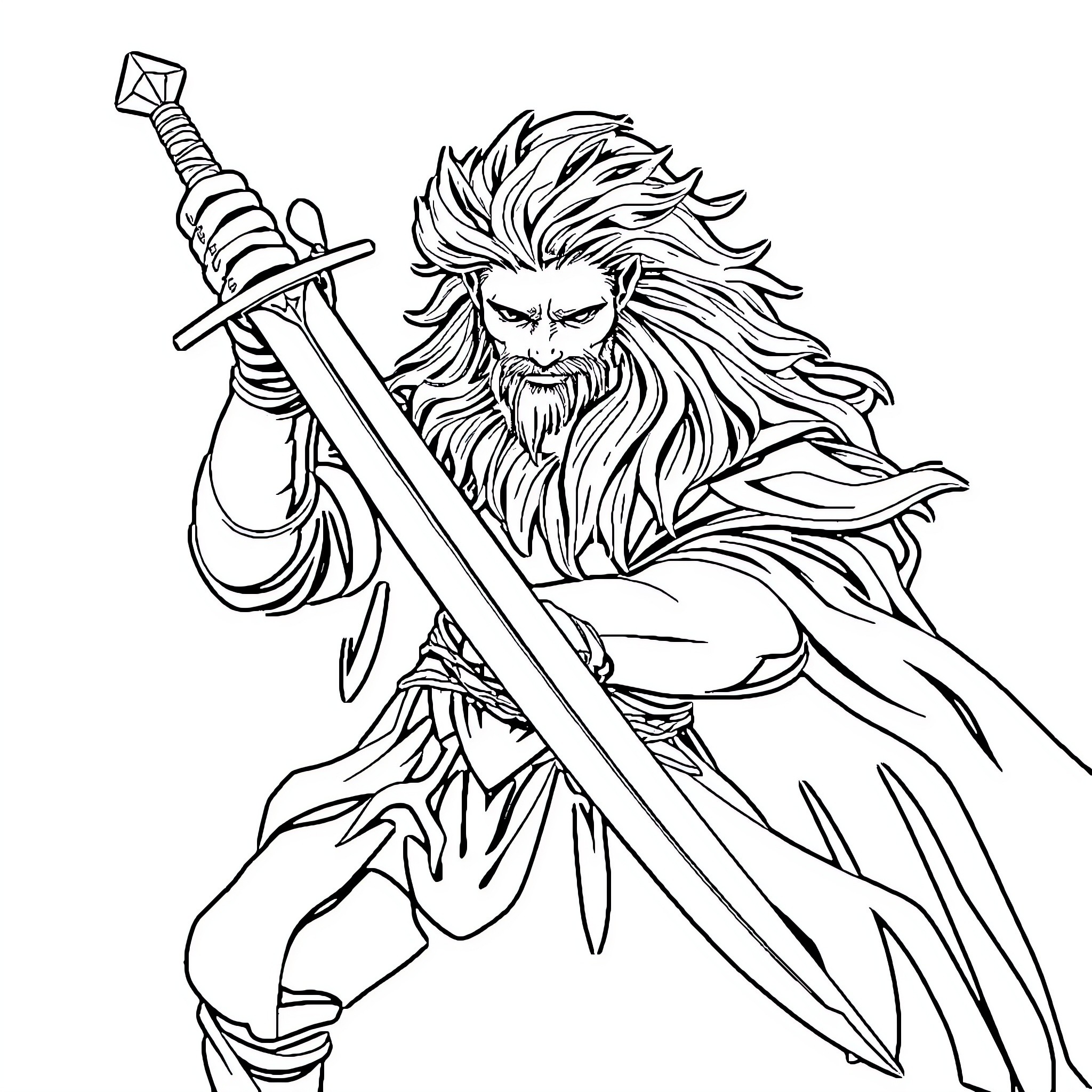 Espada Warrior Wielding Sword with Fierce Expression Coloring Page (free black-and-white line drawing printable PDF for all, from beginners to advanced learners, including children, teens, adults, and seniors)