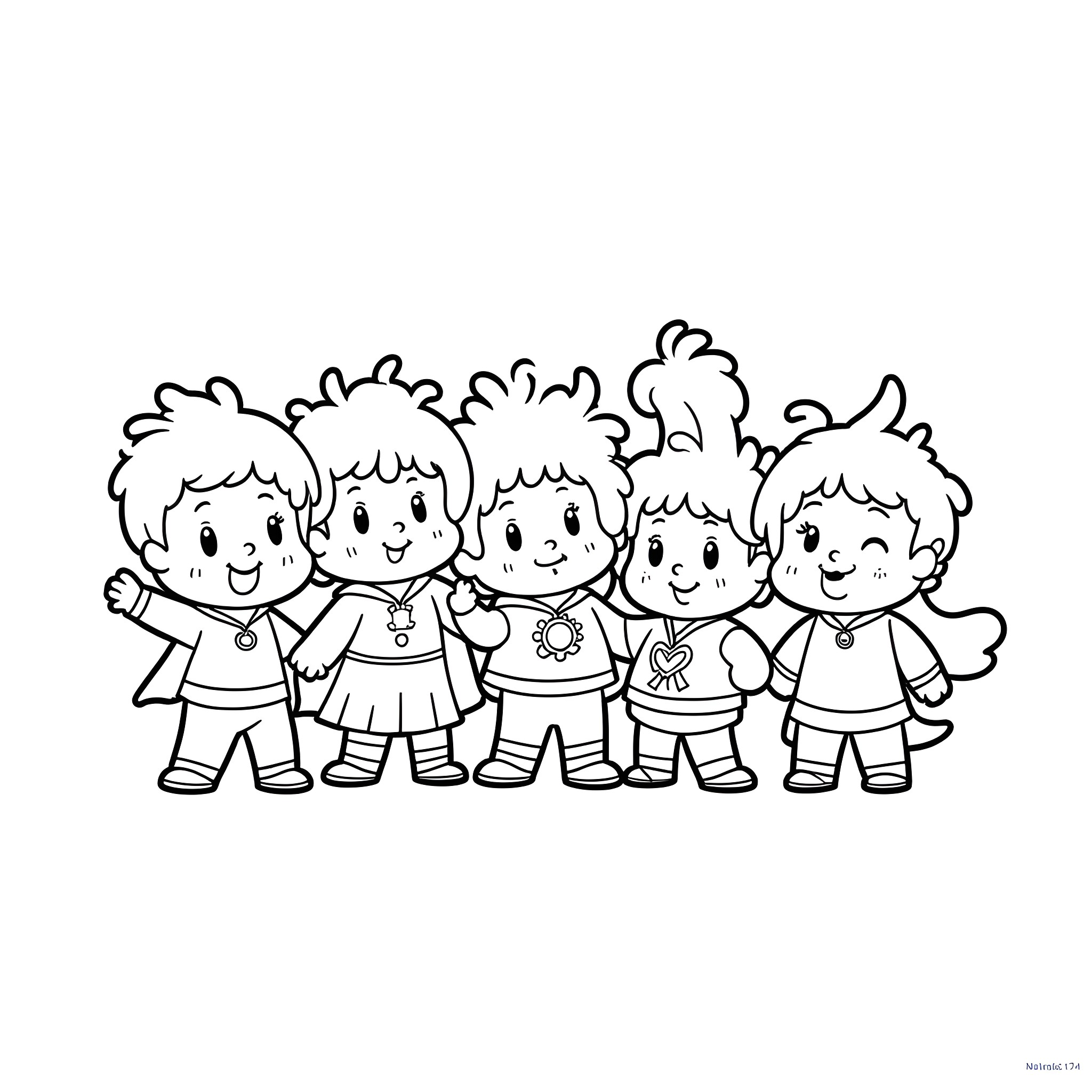 Supertot group photo of happy children Coloring Page (free black-and-white line drawing printable PDF for all, from beginners to advanced learners, including children, teens, adults, and seniors)
