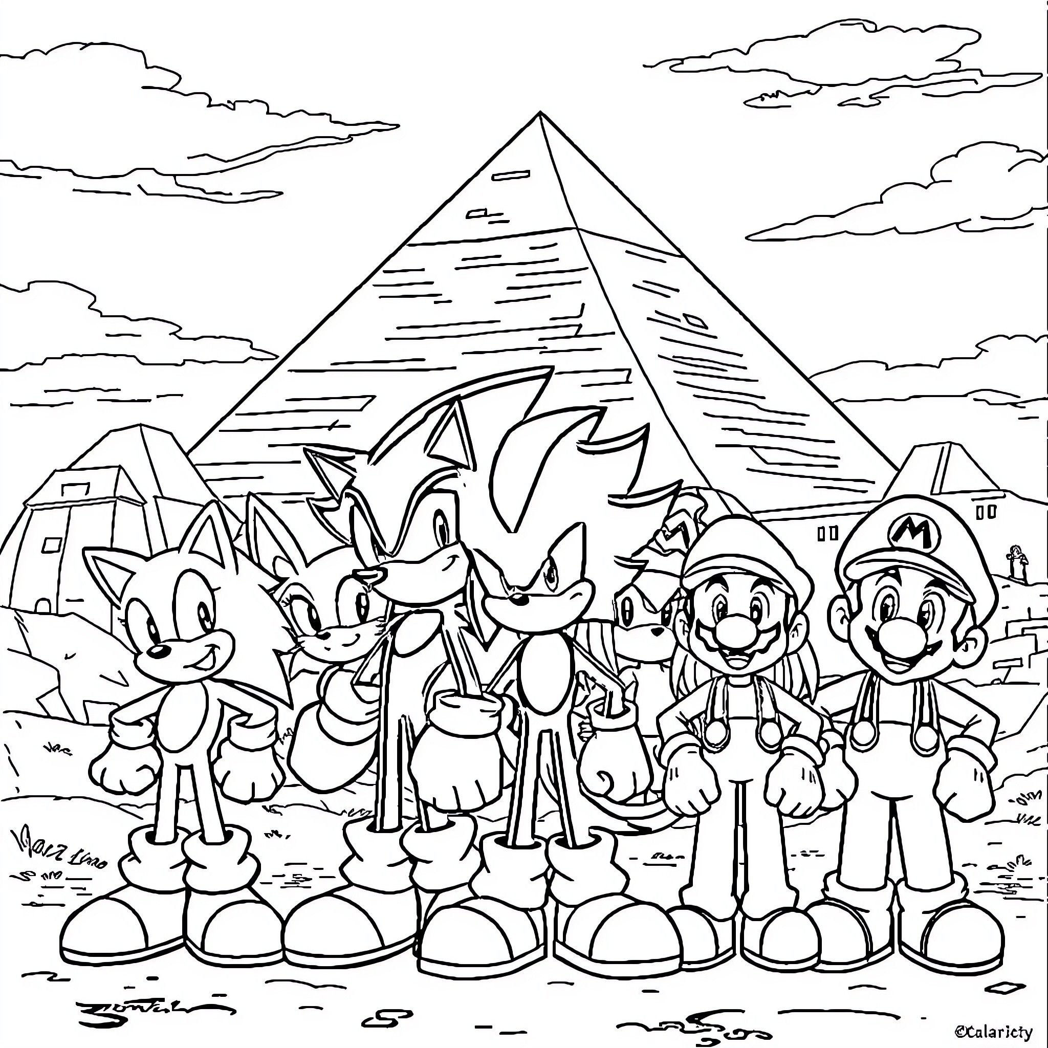 Sonic and Friends Explore the Pyramid Ruins Coloring Page (free black-and-white line drawing printable PDF for all, from beginners to advanced learners, including children, teens, adults, and seniors)