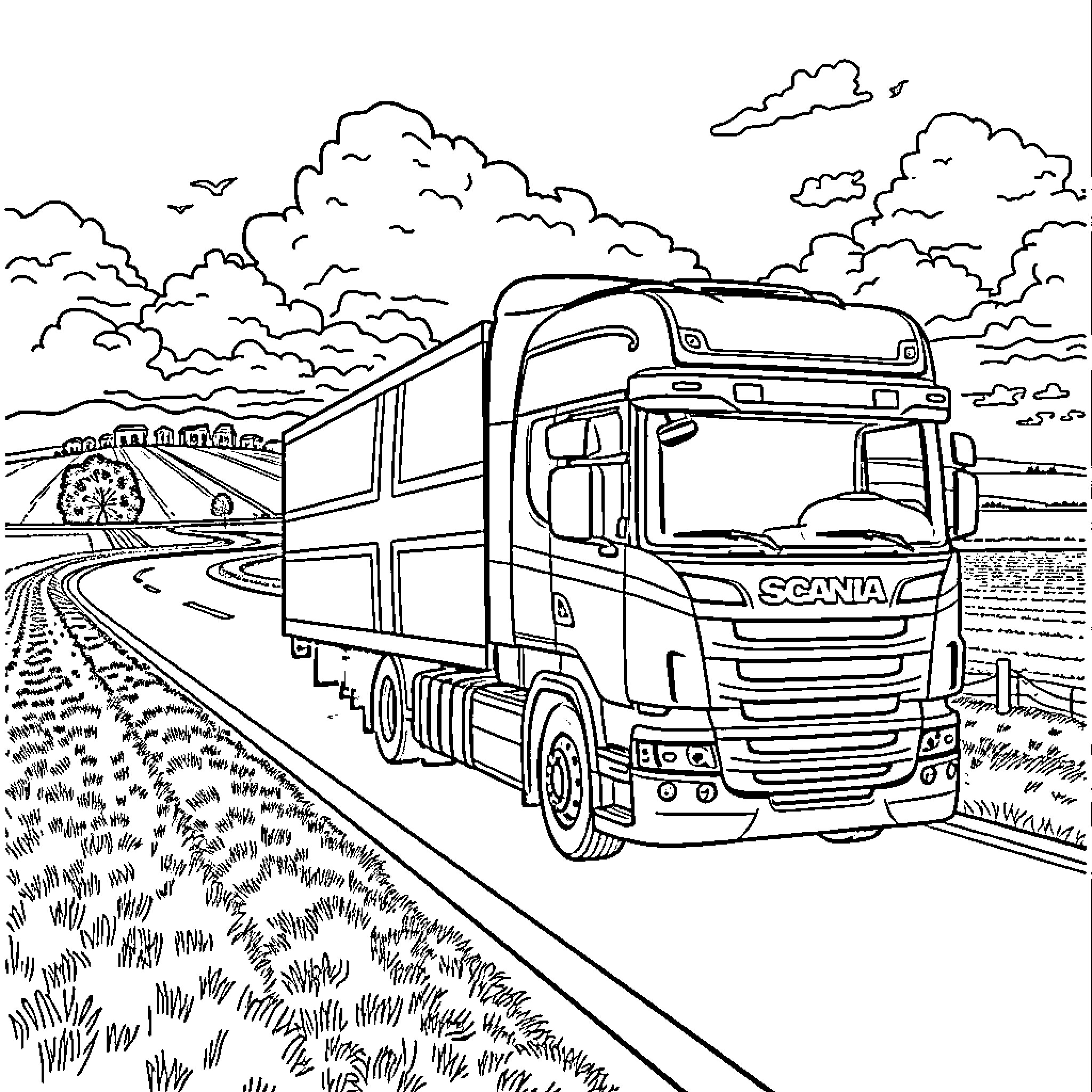 Scania semi-truck driving on the open road Coloring Page (free black-and-white line drawing printable PDF for all, from beginners to advanced learners, including children, teens, adults, and seniors)