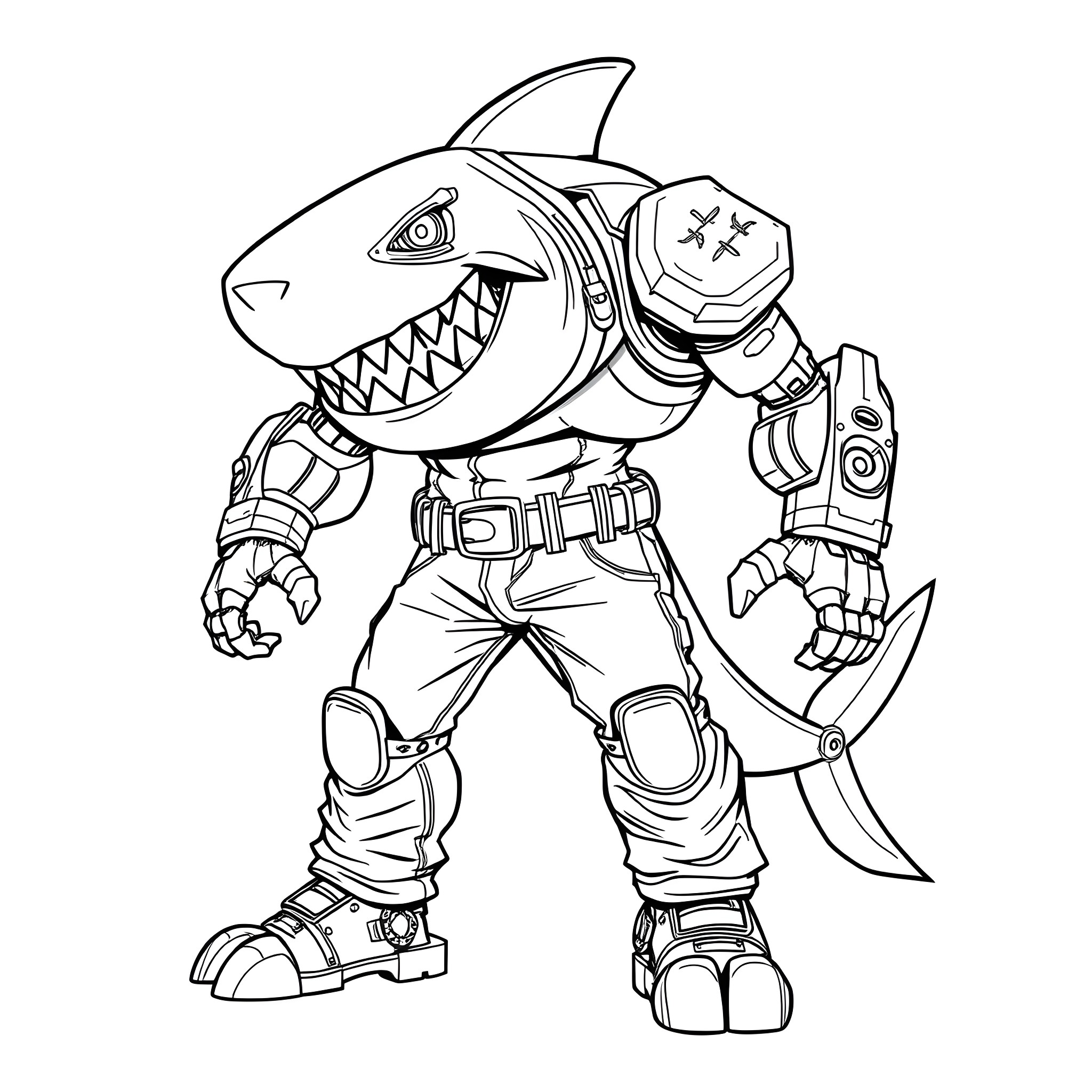 Shark-themed robot warrior with futuristic gear Coloring Page (free black-and-white line drawing printable PDF for all, from beginners to advanced learners, including children, teens, adults, and seniors)