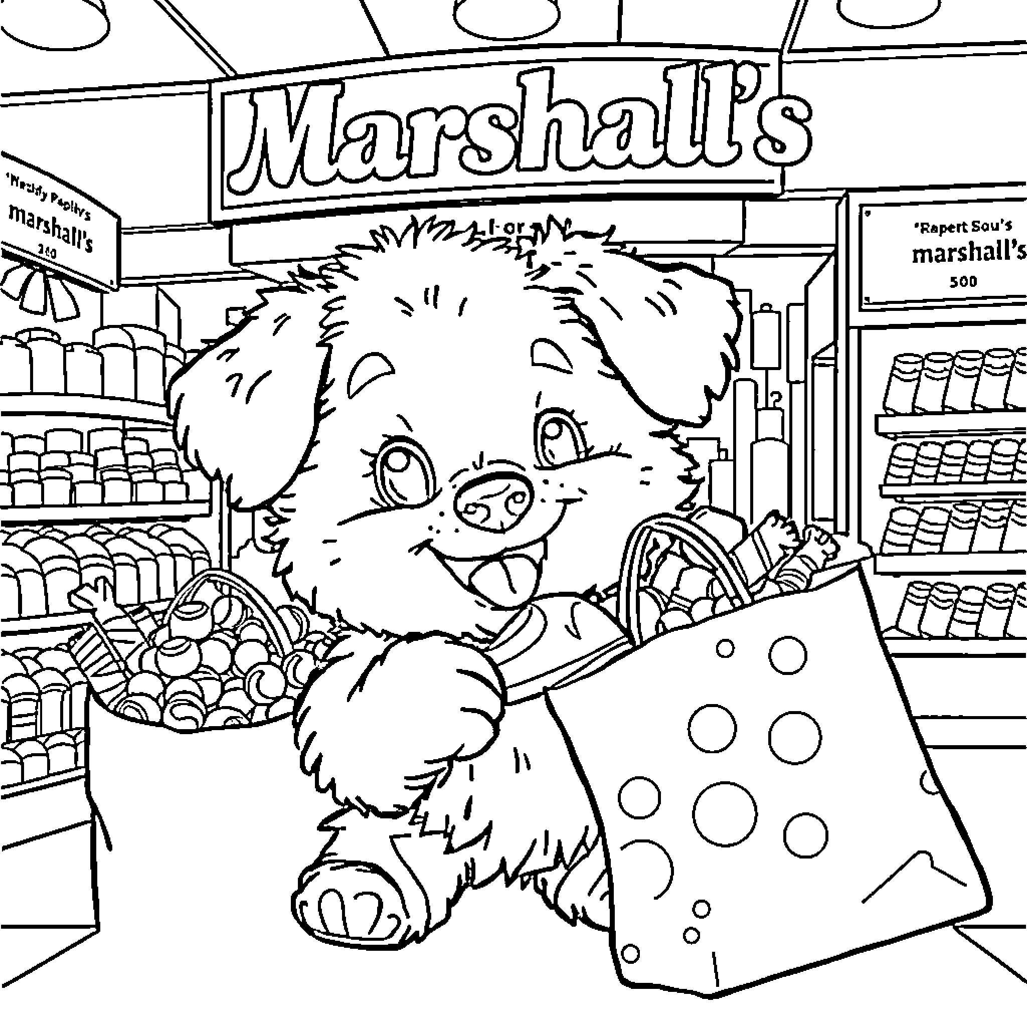 Puppy shopping happily at the grocery store Coloring Page (free black-and-white line drawing printable PDF for all, from beginners to advanced learners, including children, teens, adults, and seniors)