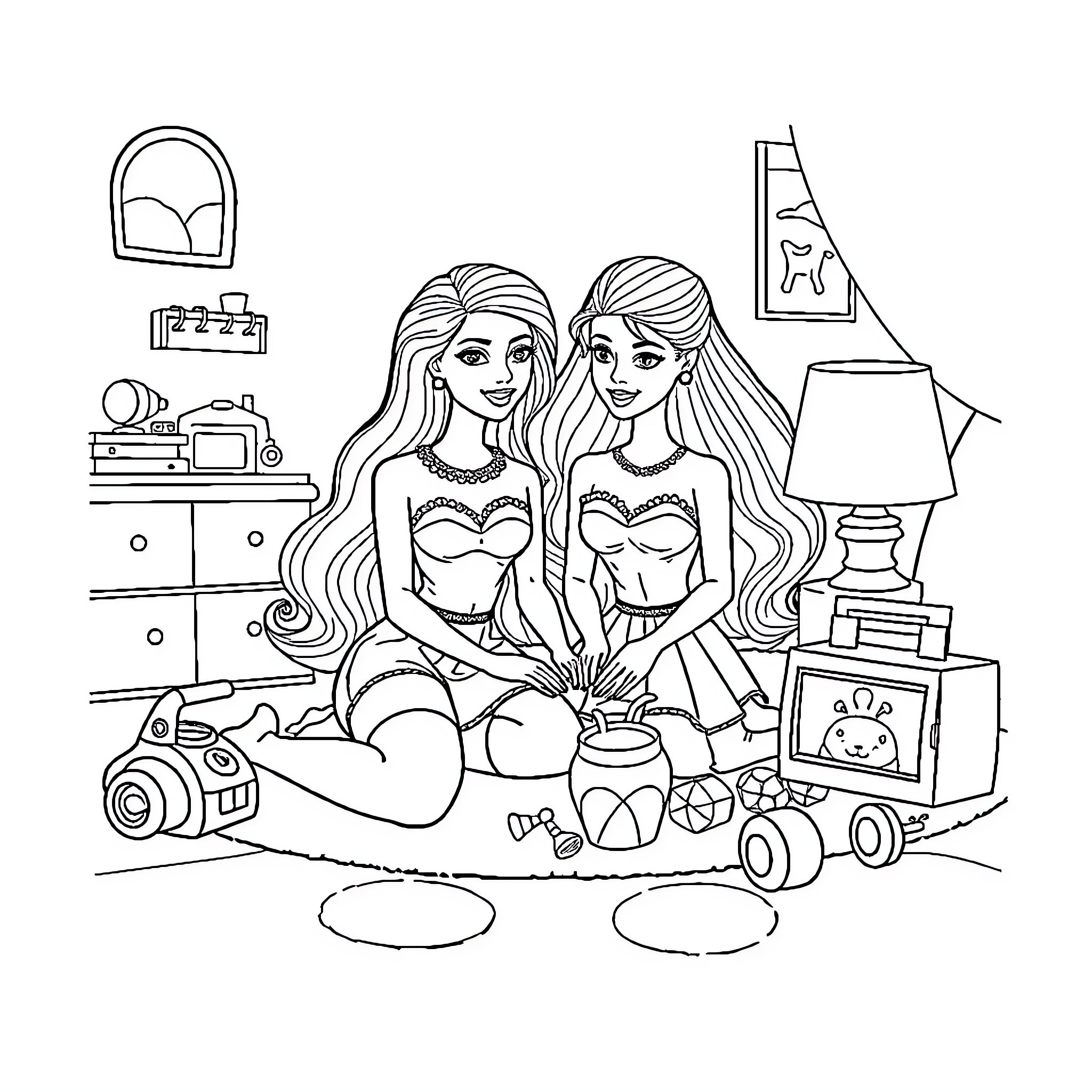 Barbie dolls playing together in a bedroom setting Coloring Page (free black-and-white line drawing printable PDF for all, from beginners to advanced learners, including children, teens, adults, and seniors)