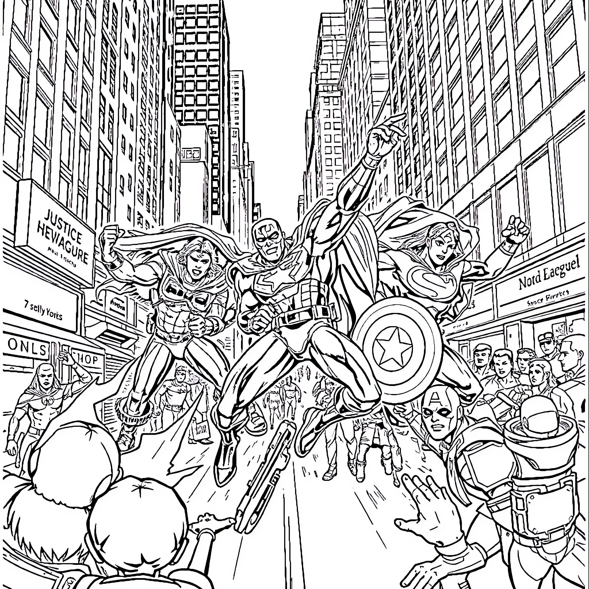 Superheroes in Action-Packed City Scene Coloring Page (free black-and-white line drawing printable PDF for all, from beginners to advanced learners, including children, teens, adults, and seniors)