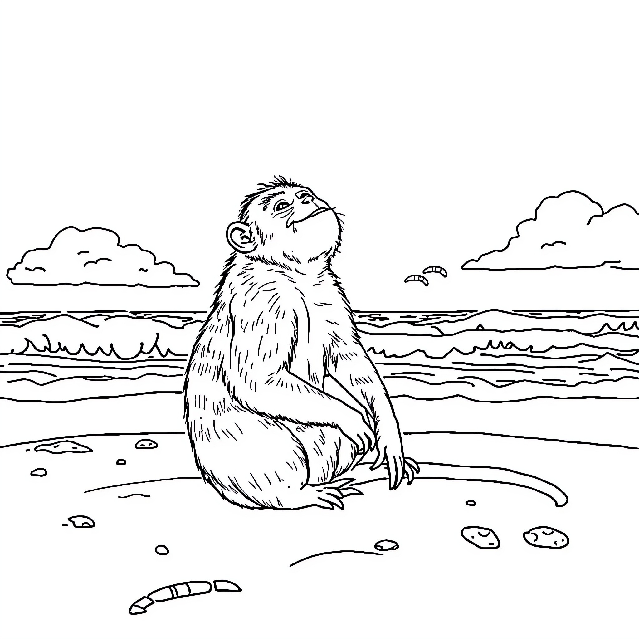 Monkey gazing at the ocean on the beach Coloring Page (free black-and-white line drawing printable PDF for all, from beginners to advanced learners, including children, teens, adults, and seniors)