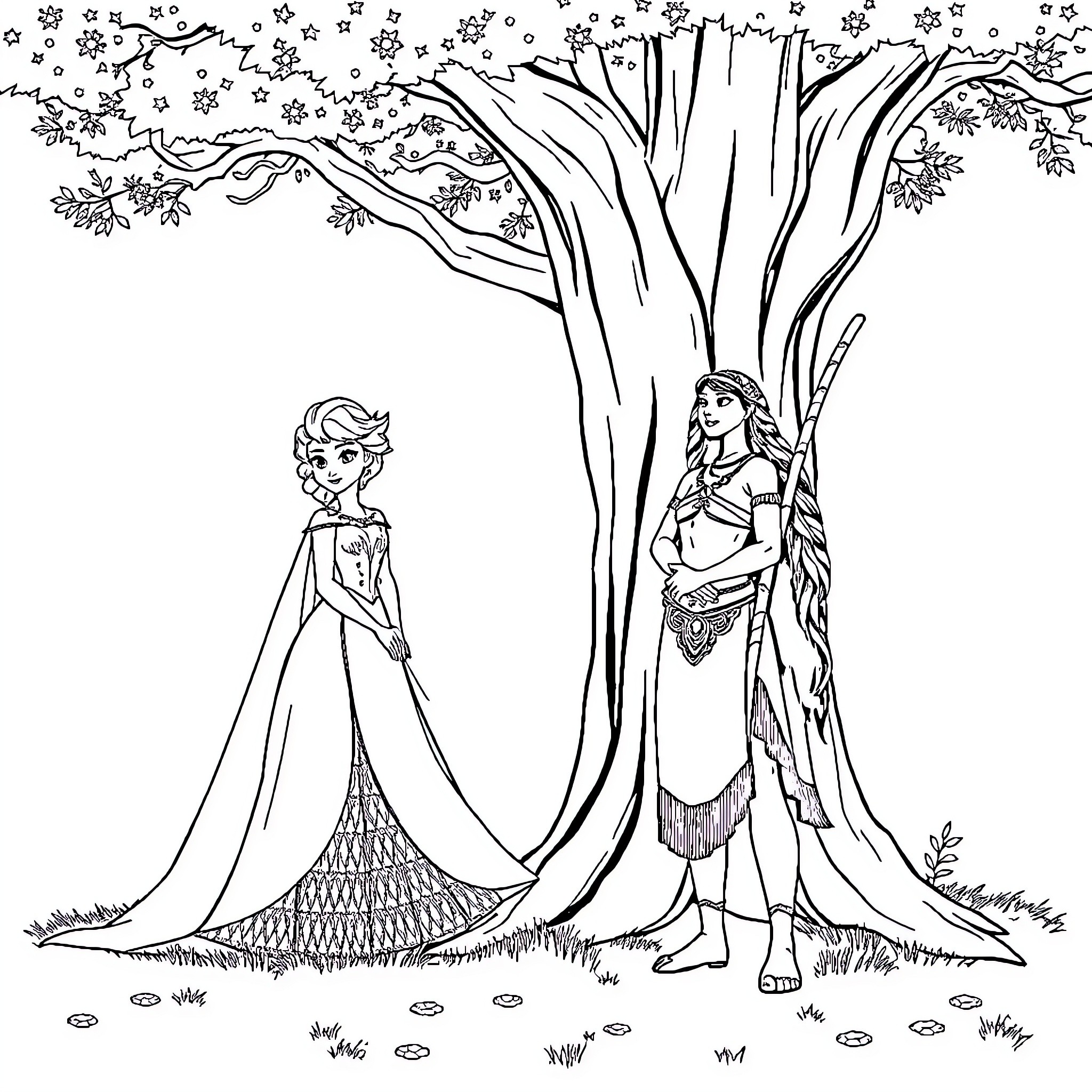 Elsa and Pocahontas in a nature-inspired scene Coloring Page (free black-and-white line drawing printable PDF for all, from beginners to advanced learners, including children, teens, adults, and seniors)