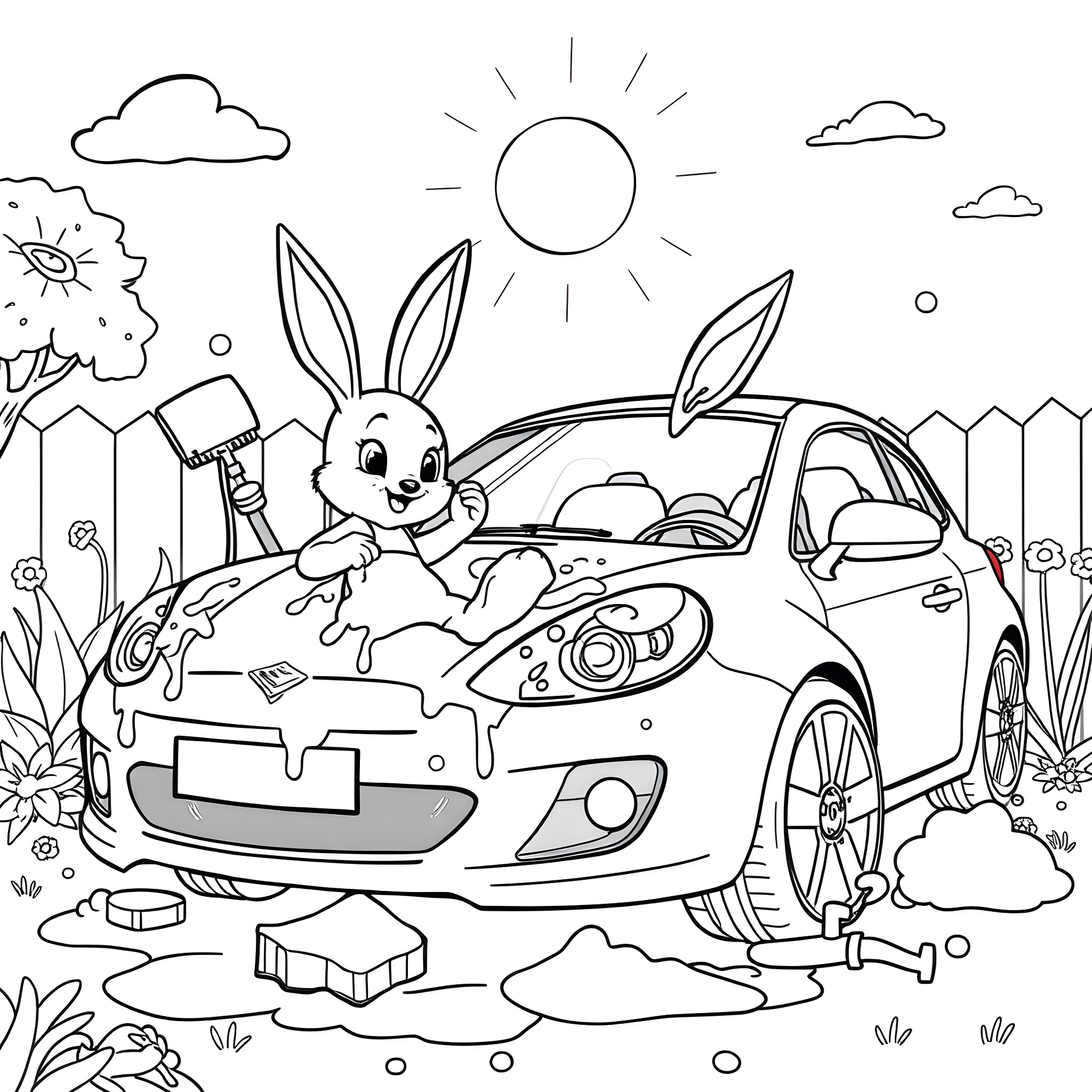 Lola Bunny washing a car in the sunshine Coloring Page (free black-and-white line drawing printable PDF for all, from beginners to advanced learners, including children, teens, adults, and seniors)