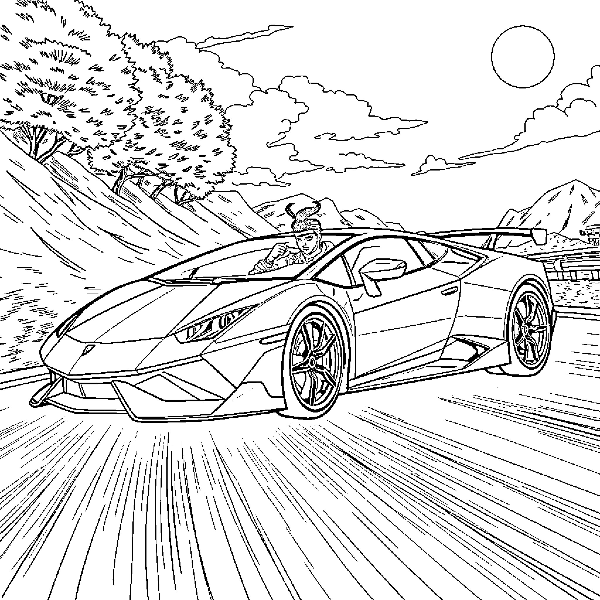 Sangoku's high-speed adventure through the mountain landscape Coloring Page (free black-and-white line drawing printable PDF for all, from beginners to advanced learners, including children, teens, adults, and seniors)