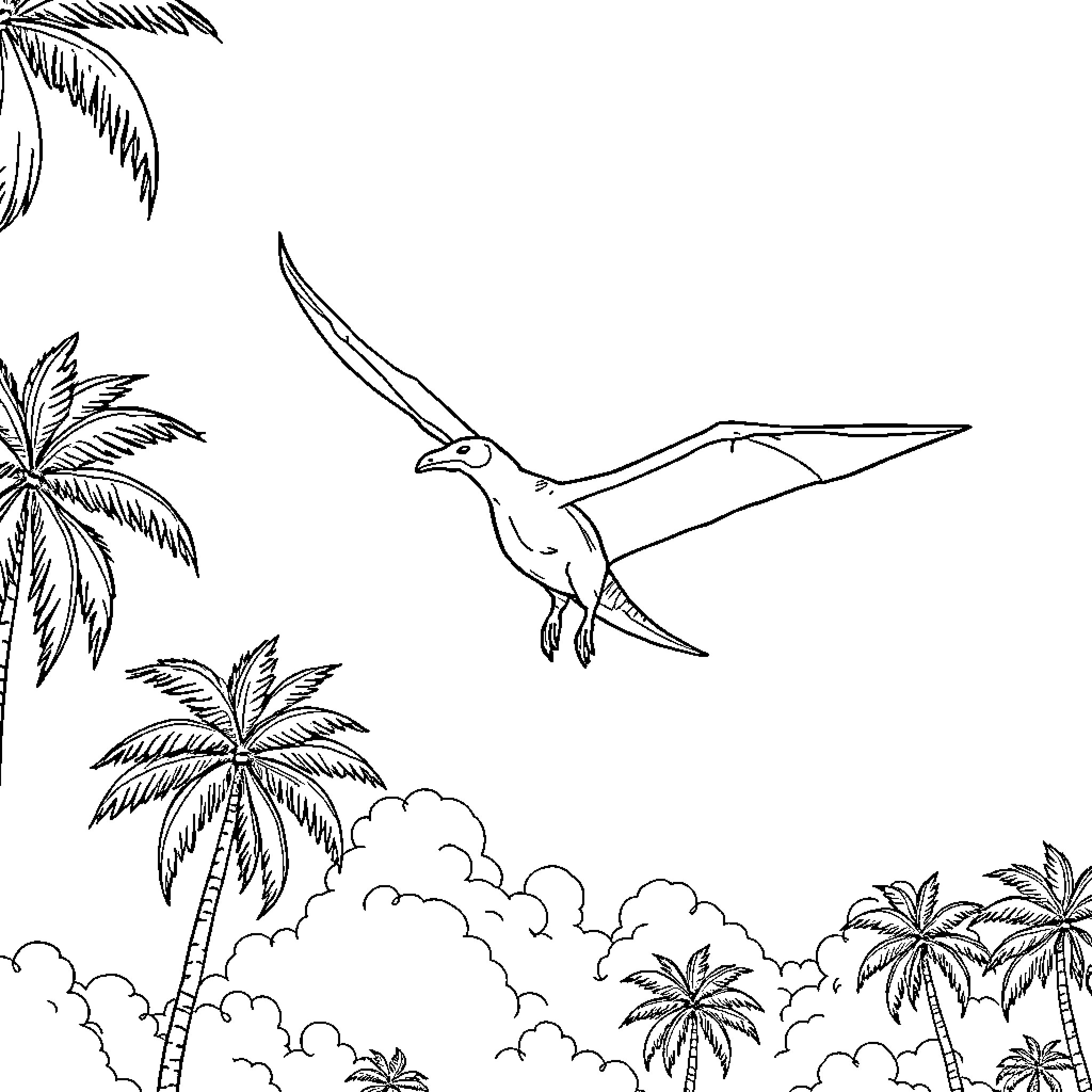 Pterodactyl soaring over tropical landscape Coloring Page (free black-and-white line drawing printable PDF for all, from beginners to advanced learners, including children, teens, adults, and seniors)