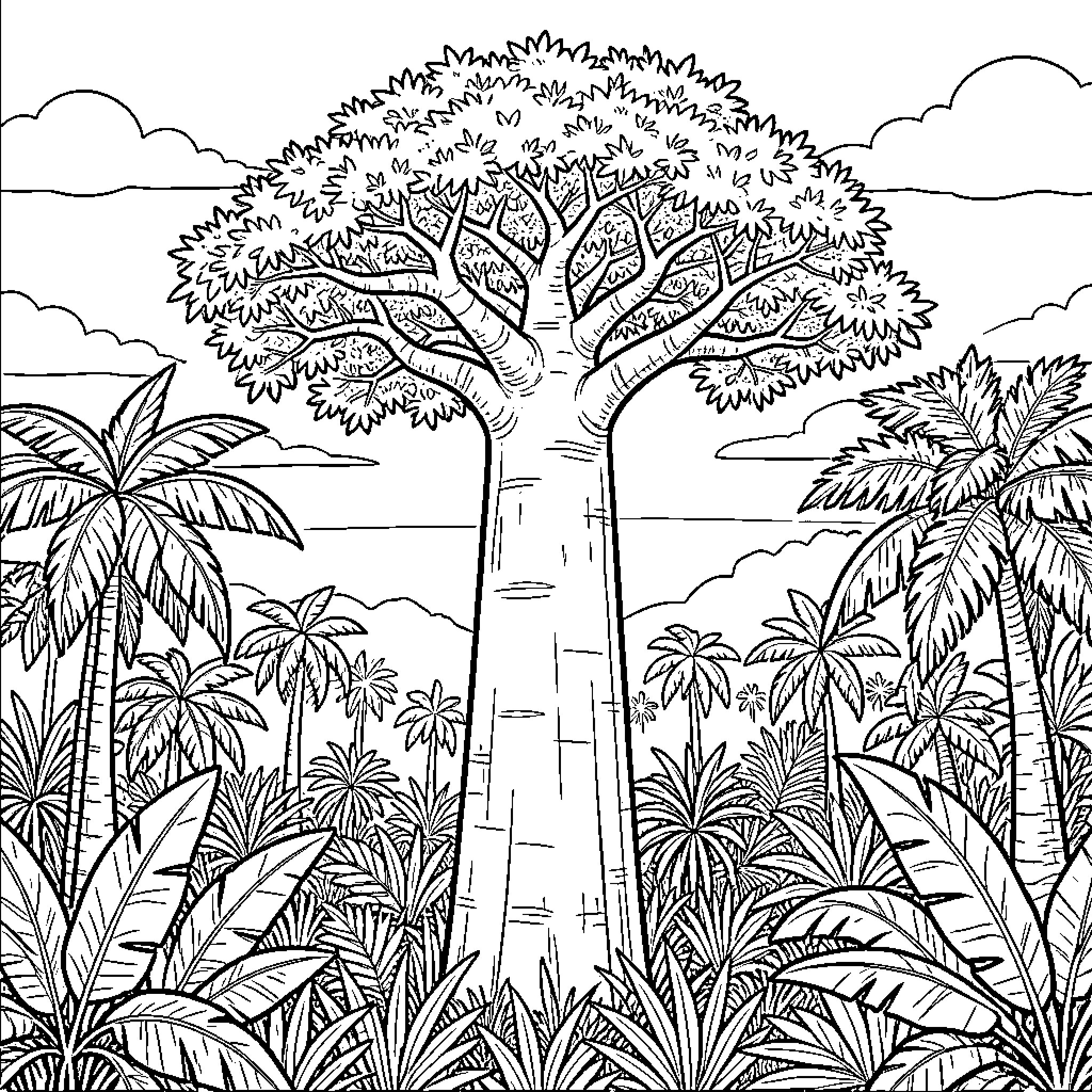 Baobab tree standing tall amidst a lush jungle Coloring Page (free black-and-white line drawing printable PDF for all, from beginners to advanced learners, including children, teens, adults, and seniors)