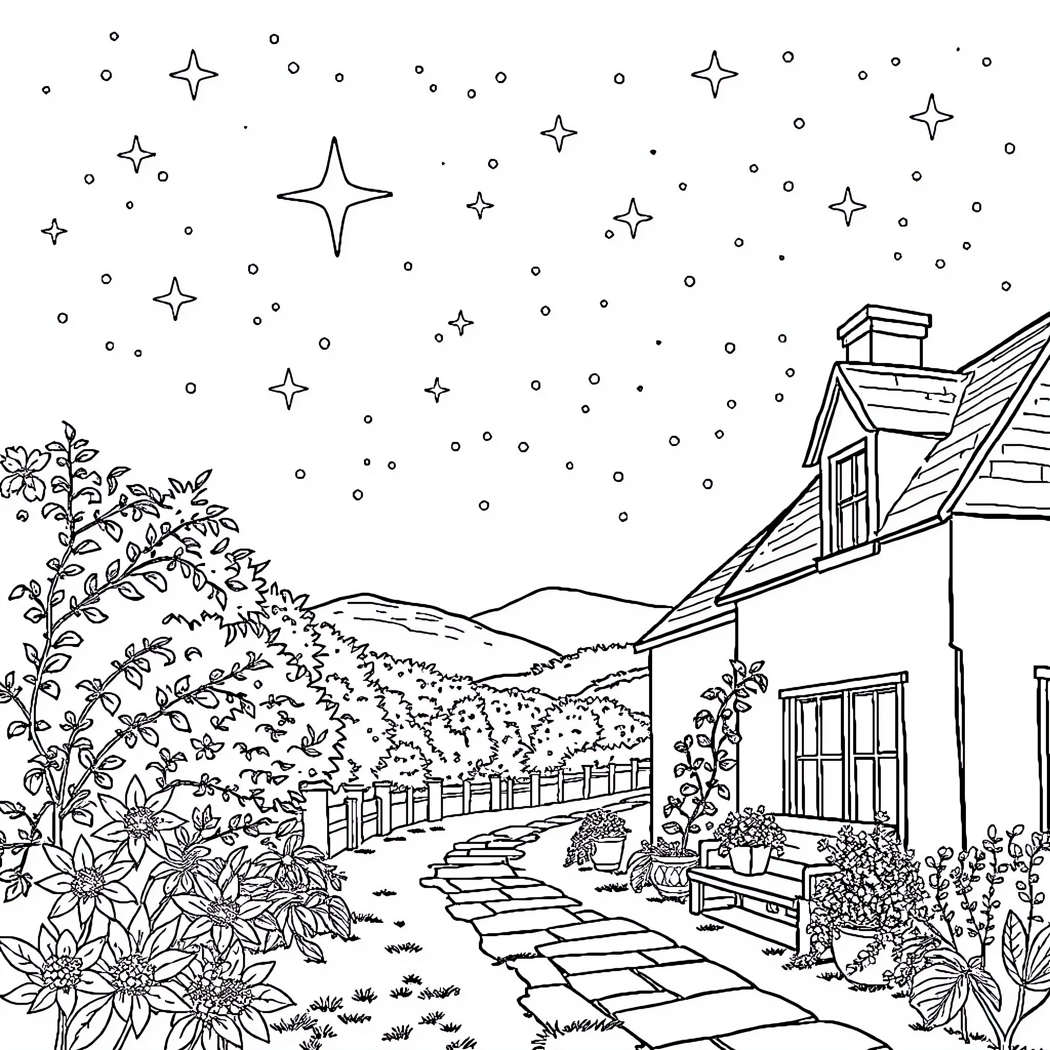 Night scene with a cozy cottage and starry sky Coloring Page (free black-and-white line drawing printable PDF for all, from beginners to advanced learners, including children, teens, adults, and seniors)