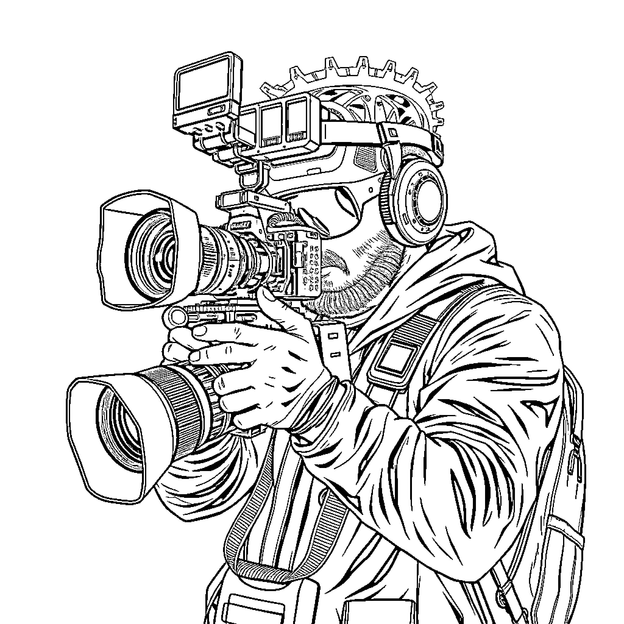 Cameraman wielding professional video camera Coloring Page (free black-and-white line drawing printable PDF for all, from beginners to advanced learners, including children, teens, adults, and seniors)