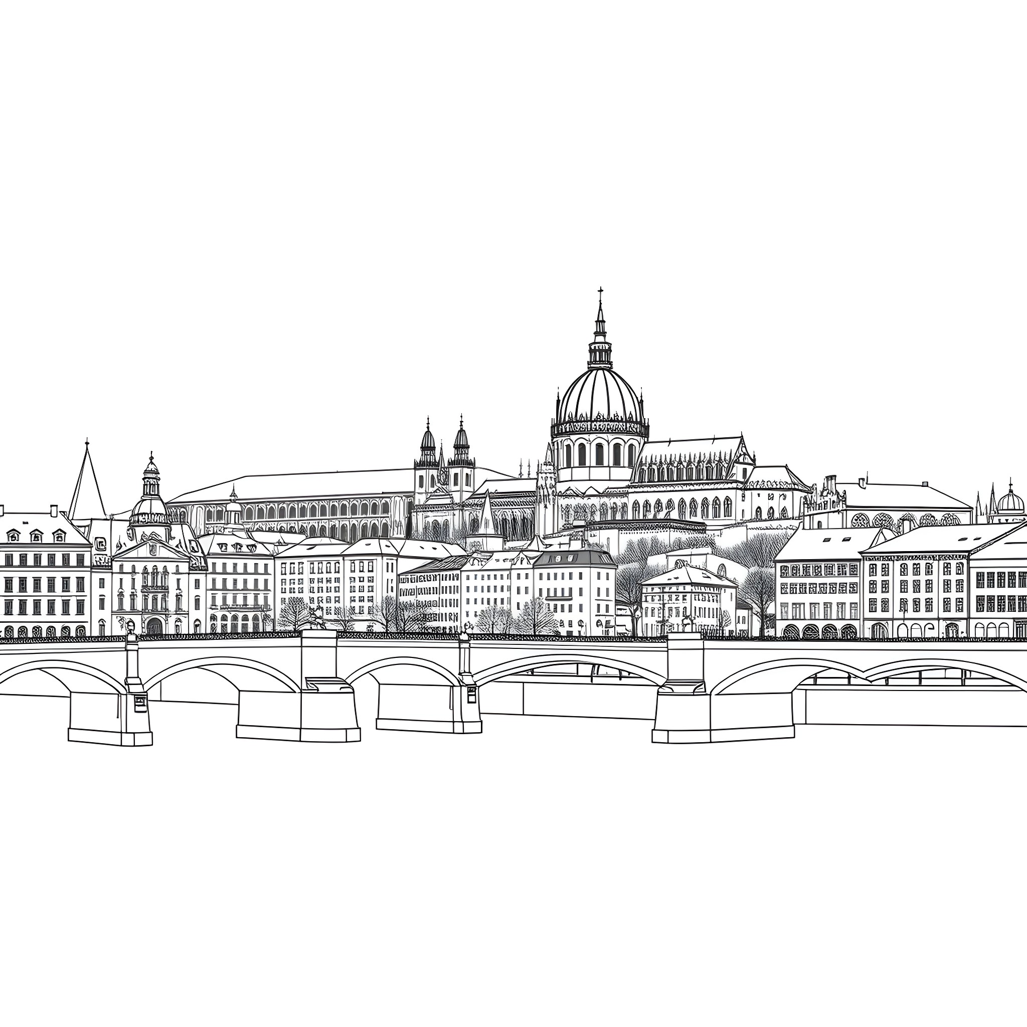 Prague cityscape with historic architecture and bridges Coloring Page (free black-and-white line drawing printable PDF for all, from beginners to advanced learners, including children, teens, adults, and seniors)