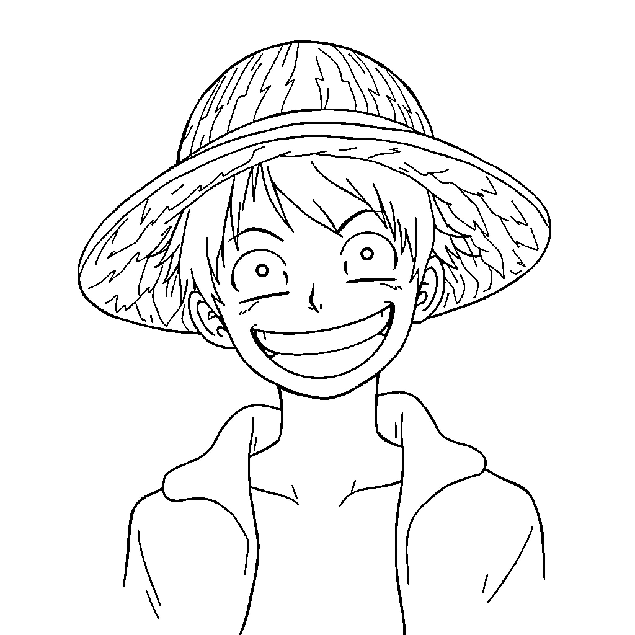 Luffy's Energetic Grin and Straw Hat Adventure Coloring Page (free black-and-white line drawing printable PDF for all, from beginners to advanced learners, including children, teens, adults, and seniors)