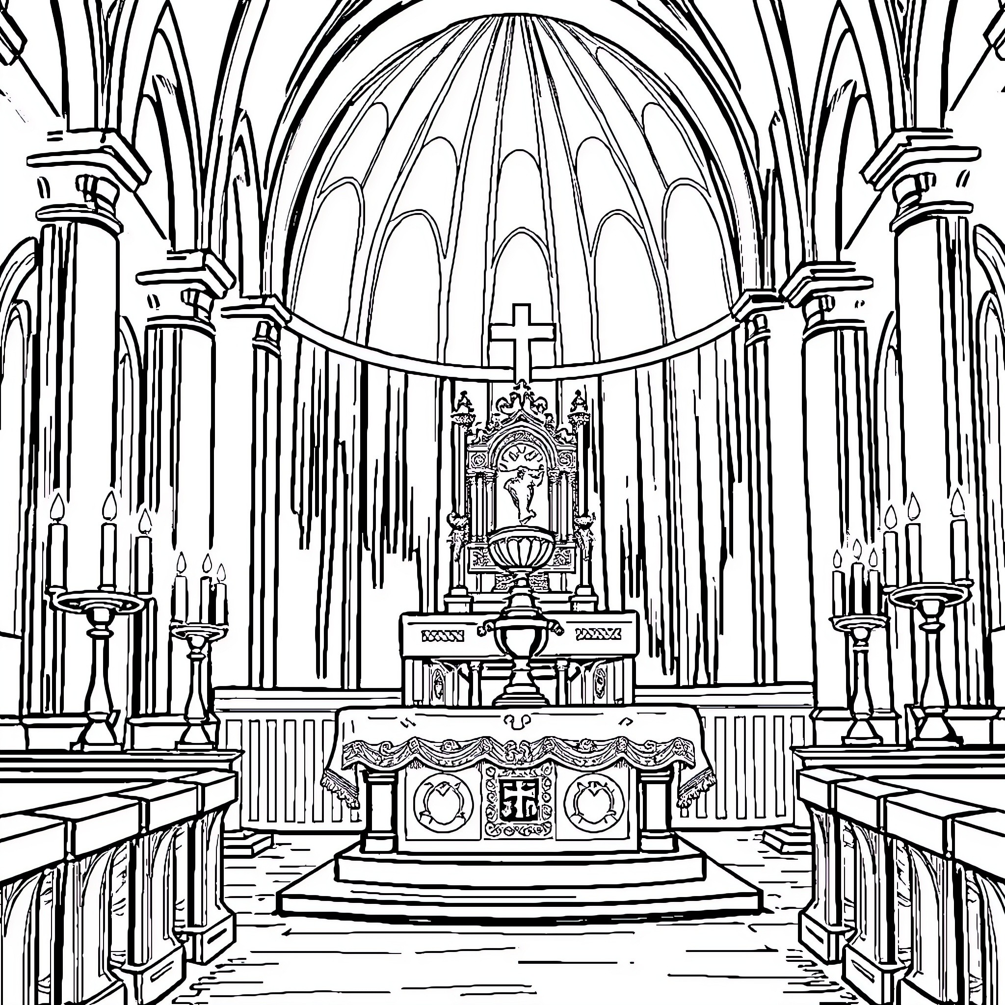 Church interior with ornate altar and stained glass Coloring Page (free black-and-white line drawing printable PDF for all, from beginners to advanced learners, including children, teens, adults, and seniors)