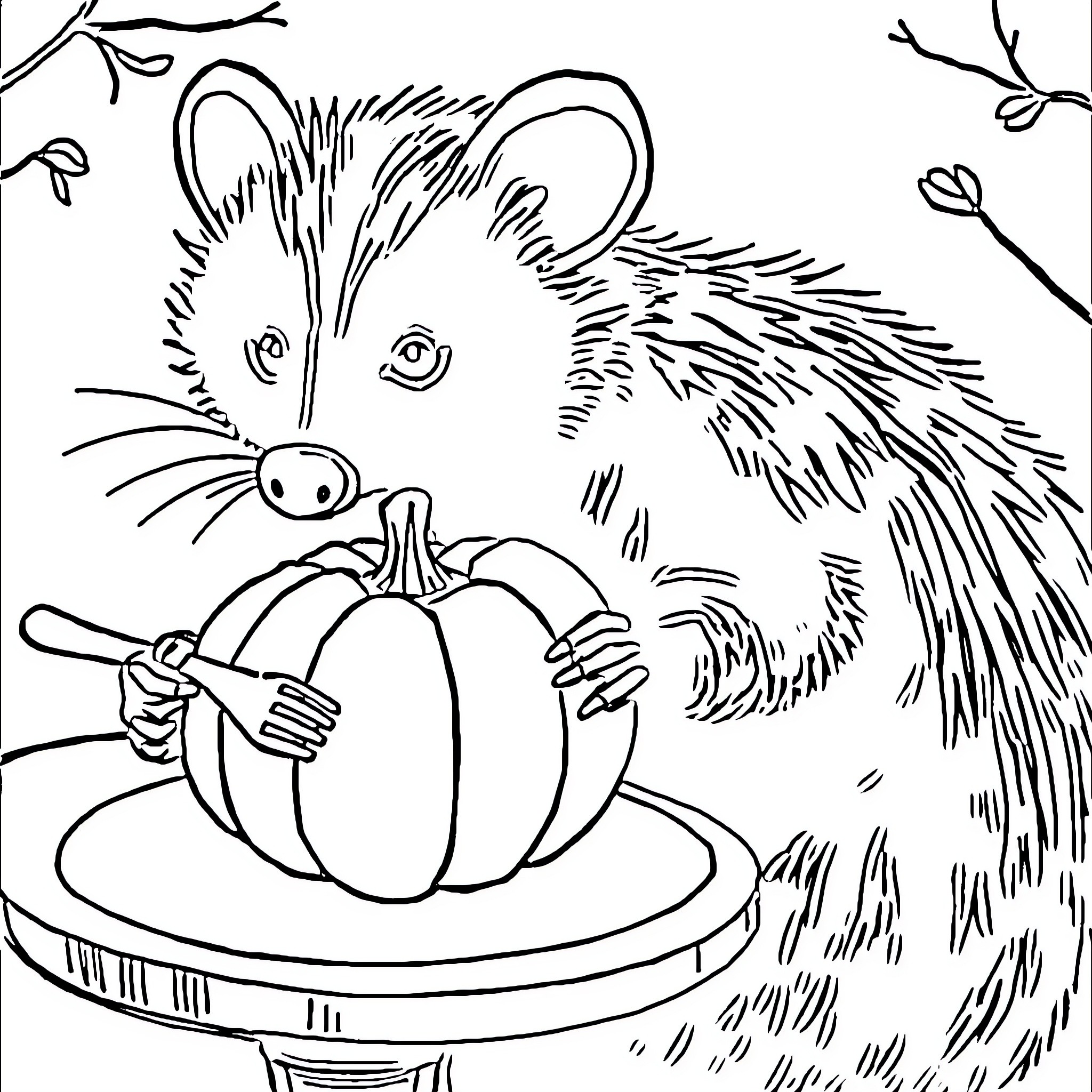 Possum holding a pumpkin in its nest Coloring Page (free black-and-white line drawing printable PDF for all, from beginners to advanced learners, including children, teens, adults, and seniors)