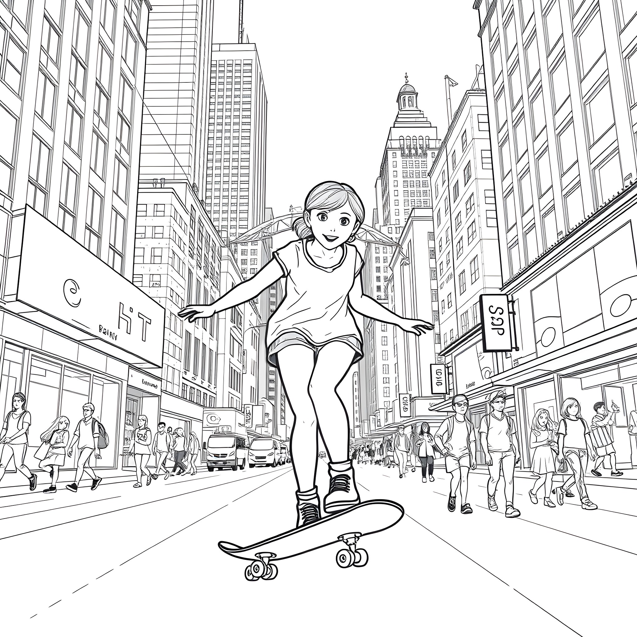 Girl skateboarding through bustling city streets Coloring Page (free black-and-white line drawing printable PDF for all, from beginners to advanced learners, including children, teens, adults, and seniors)