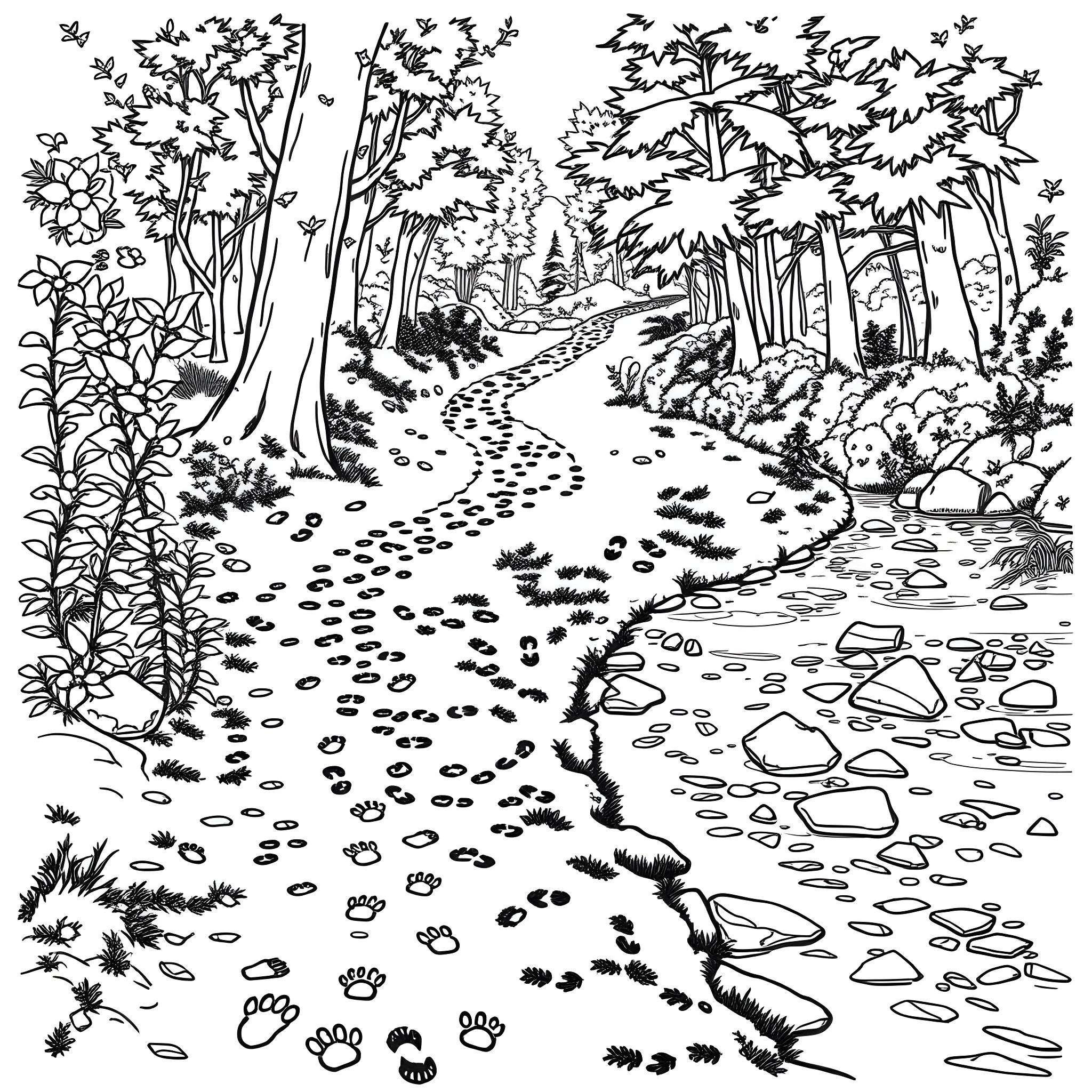 Animal Footprint in the Forest Coloring Page (free black-and-white line drawing printable PDF for all, from beginners to advanced learners, including children, teens, adults, and seniors)