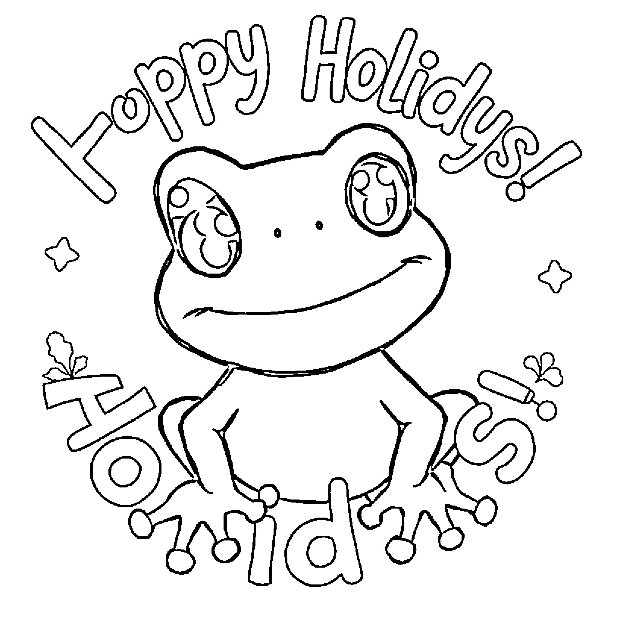 Frog celebrating happy holidays with festive decorations Coloring Page (free black-and-white line drawing printable PDF for all, from beginners to advanced learners, including children, teens, adults, and seniors)