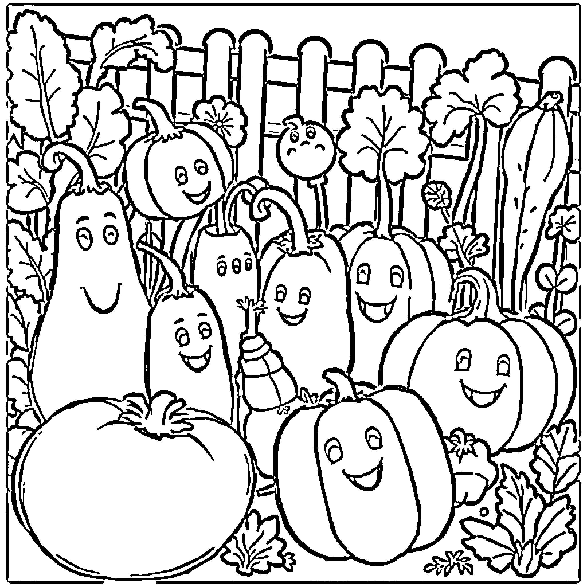 Funny Vegetable Group Having Fun in the Garden Coloring Page (free black-and-white line drawing printable PDF for all, from beginners to advanced learners, including children, teens, adults, and seniors)