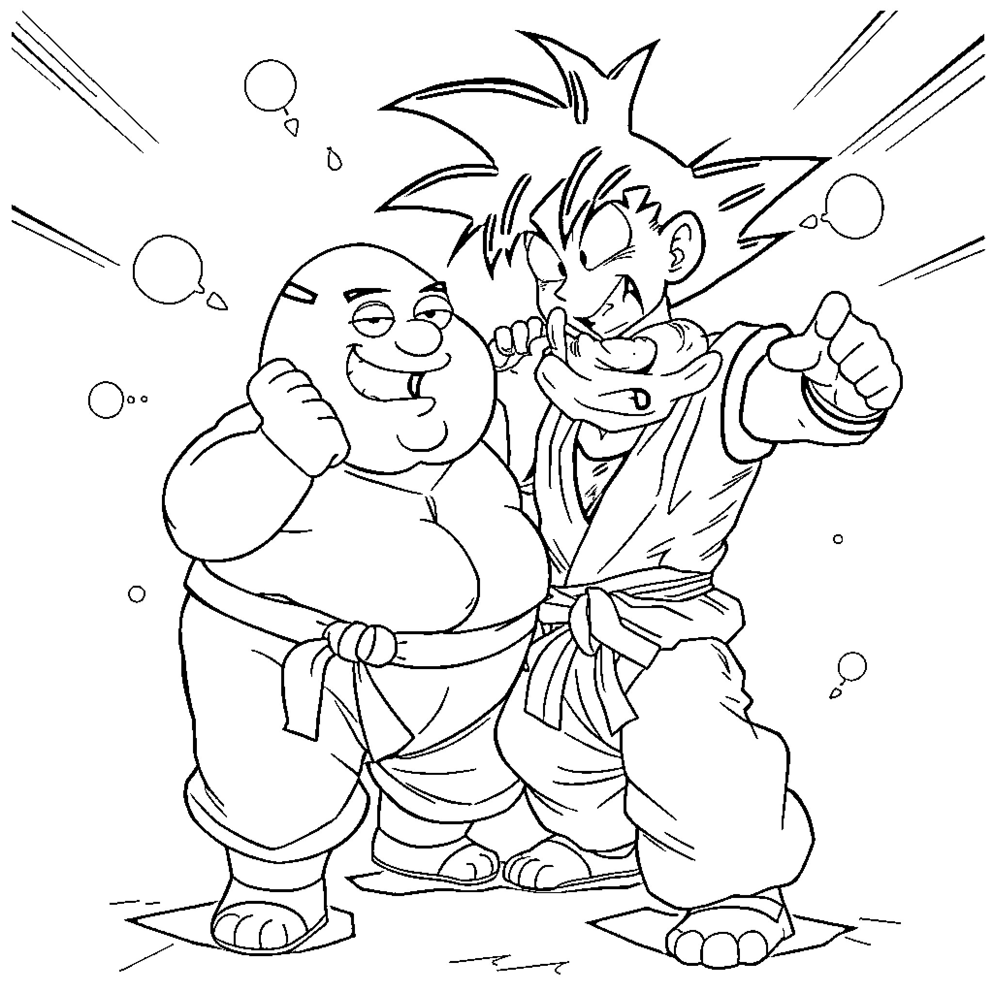 Peter Griffin and Goku in Comical Embrace Coloring Page (free black-and-white line drawing printable PDF for all, from beginners to advanced learners, including children, teens, adults, and seniors)