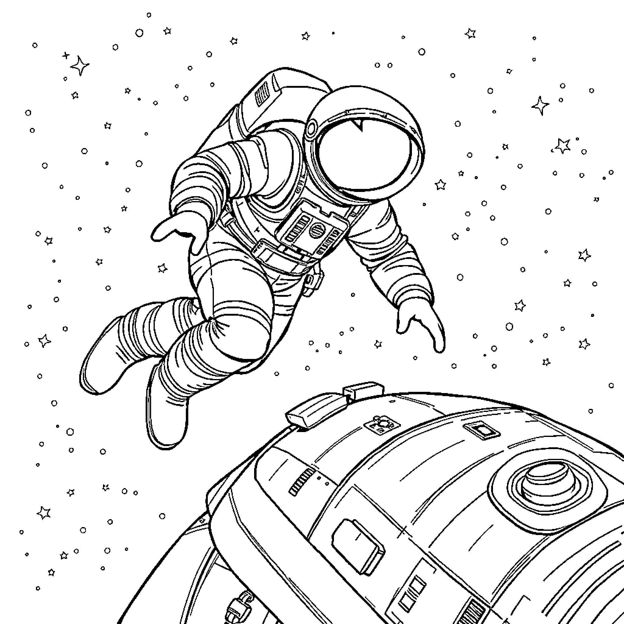Astronaut floating in space with spacecraft Coloring Page (free black-and-white line drawing printable PDF for all, from beginners to advanced learners, including children, teens, adults, and seniors)