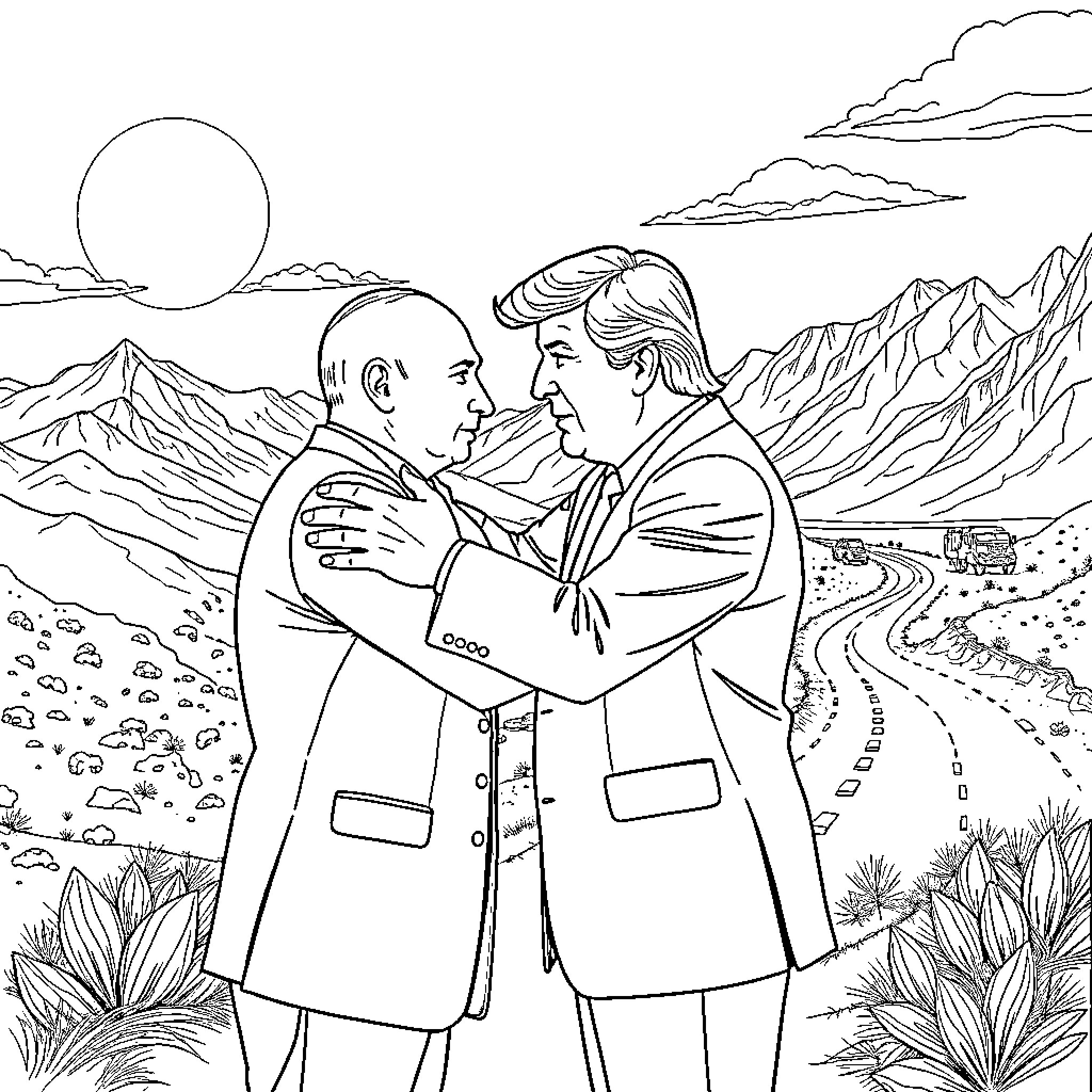 Puten's Political Embrace in the Mountains Coloring Page (free black-and-white line drawing printable PDF for all, from beginners to advanced learners, including children, teens, adults, and seniors)