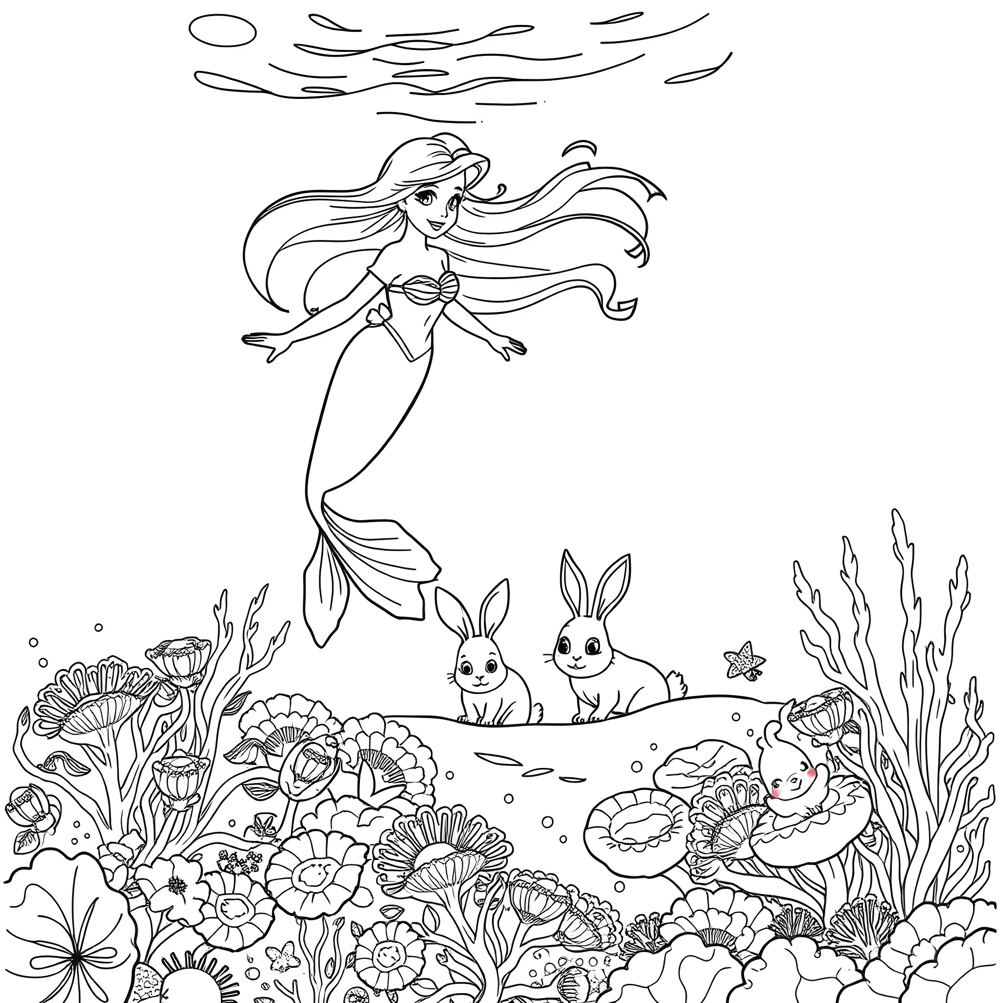 Mermaid swimming in an underwater garden with playful rabbits Coloring Page (free black-and-white line drawing printable PDF for all, from beginners to advanced learners, including children, teens, adults, and seniors)