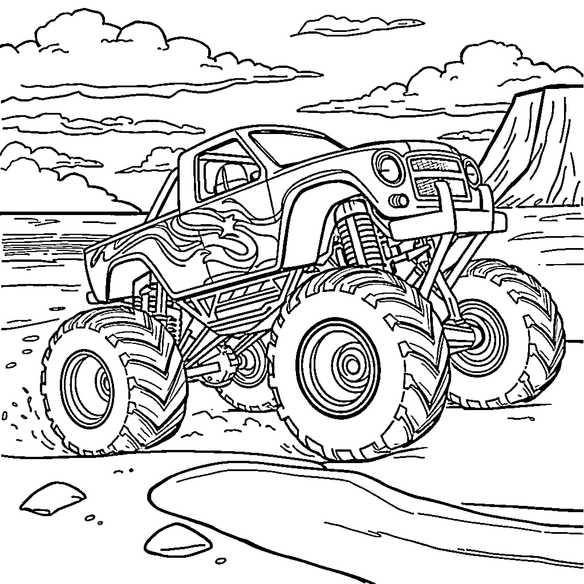 Monster Truck Navigating Rugged Terrain Coloring Page (free black-and-white line drawing printable PDF for all, from beginners to advanced learners, including children, teens, adults, and seniors)