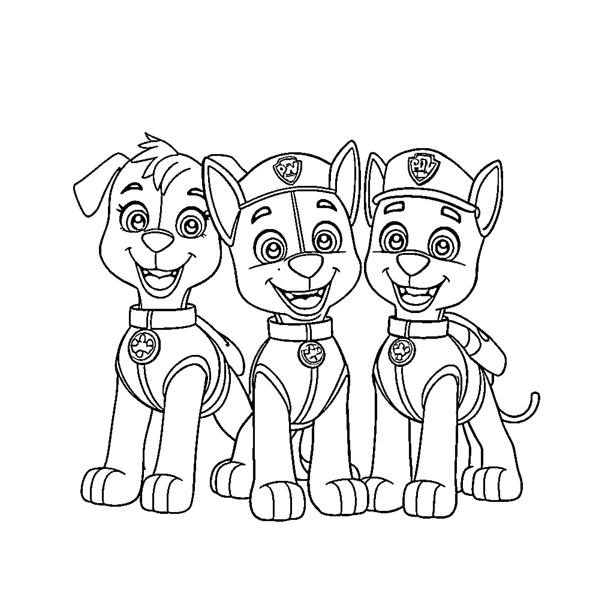 Paw Patrol characters in action pose Coloring Page (free black-and-white line drawing printable PDF for all, from beginners to advanced learners, including children, teens, adults, and seniors)