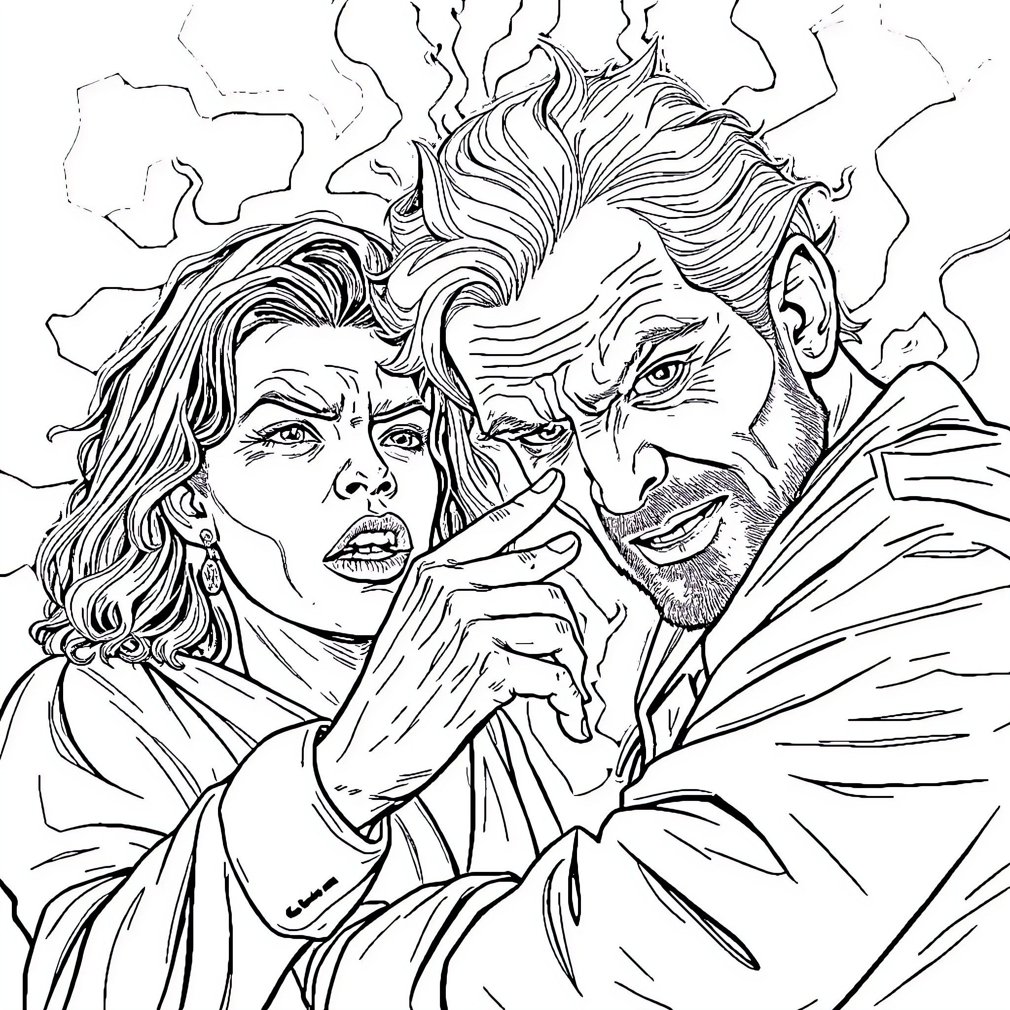 Drama between intense couple in heated argument Coloring Page (free black-and-white line drawing printable PDF for all, from beginners to advanced learners, including children, teens, adults, and seniors)
