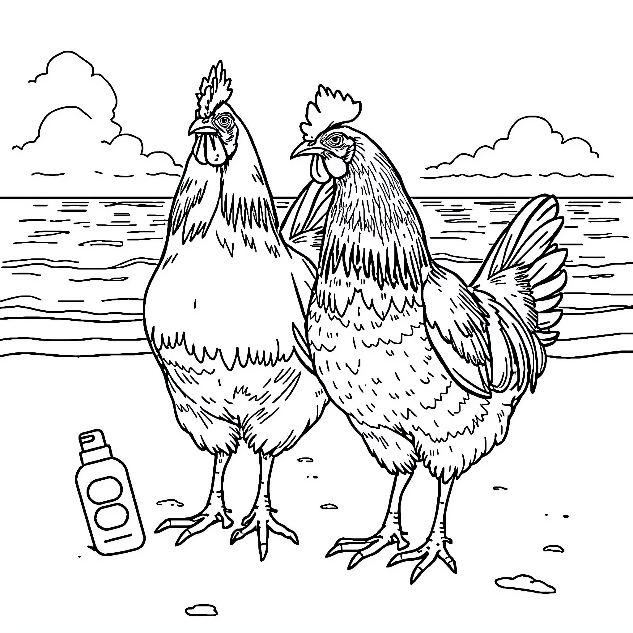 Orpington Chickens relaxing on the beach Coloring Page (free black-and-white line drawing printable PDF for all, from beginners to advanced learners, including children, teens, adults, and seniors)