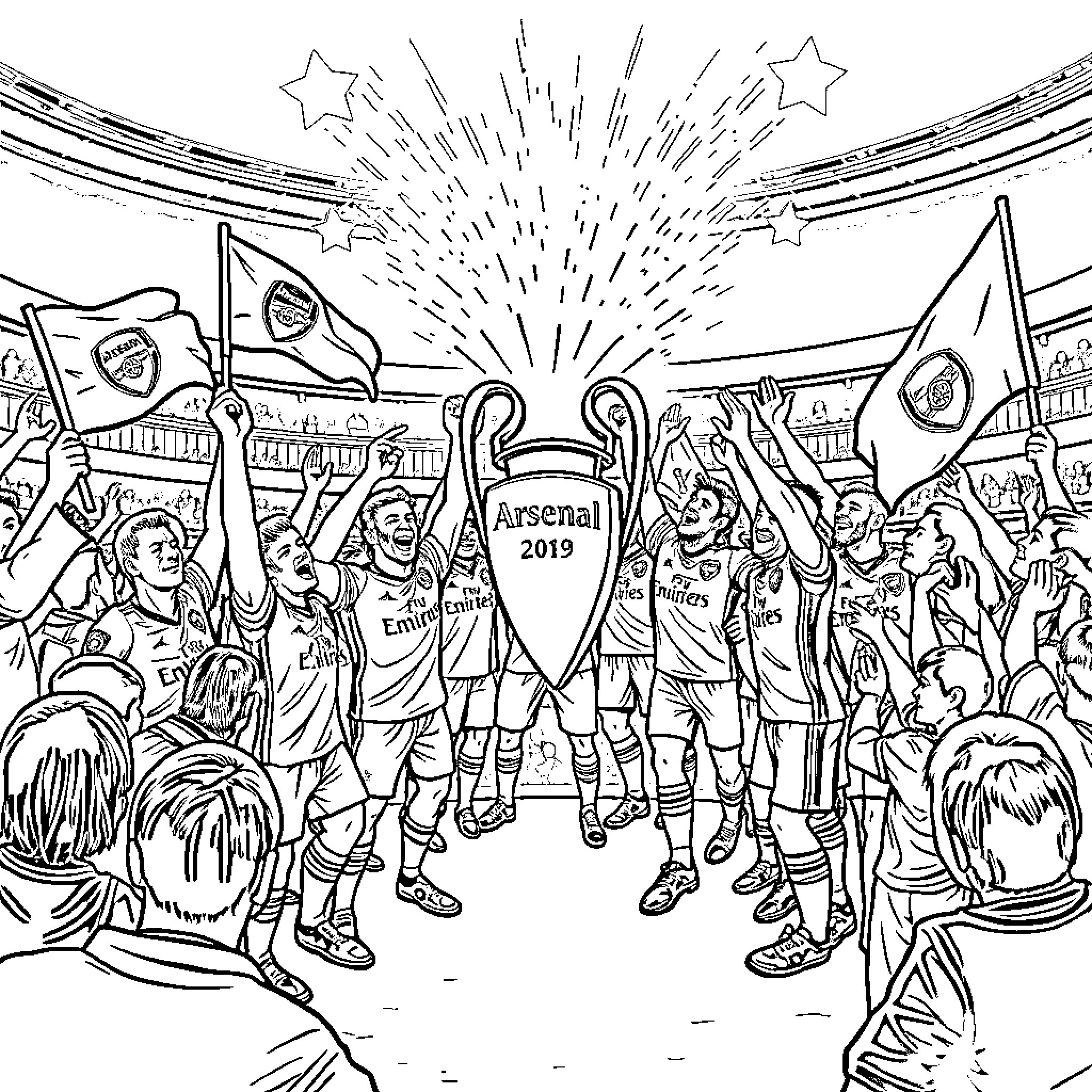 Arsenal Celebrating Champions League Victory Coloring Page (free black-and-white line drawing printable PDF for all, from beginners to advanced learners, including children, teens, adults, and seniors)