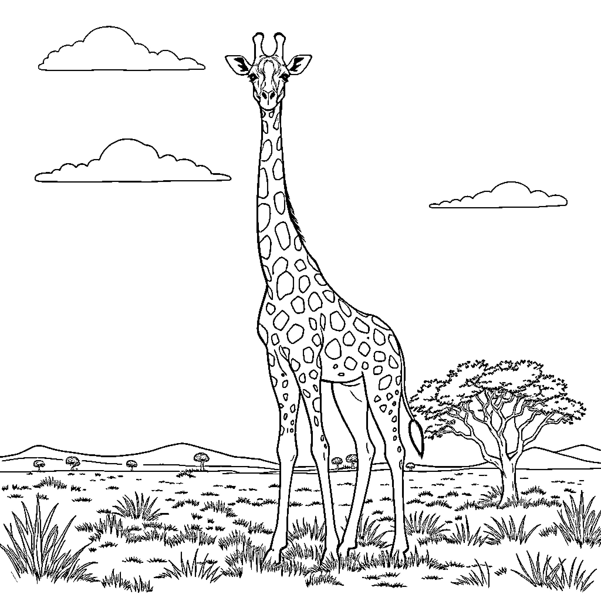 Giraffe standing tall in the African savanna Coloring Page (free black-and-white line drawing printable PDF for all, from beginners to advanced learners, including children, teens, adults, and seniors)