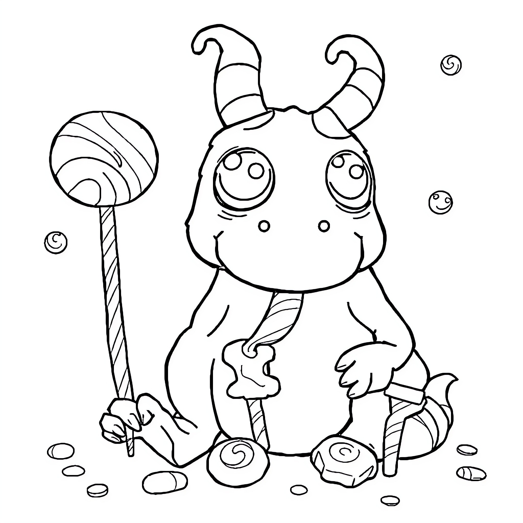 Yarnaby the Playful Monster with Candy Coloring Page (free black-and-white line drawing printable PDF for all, from beginners to advanced learners, including children, teens, adults, and seniors)