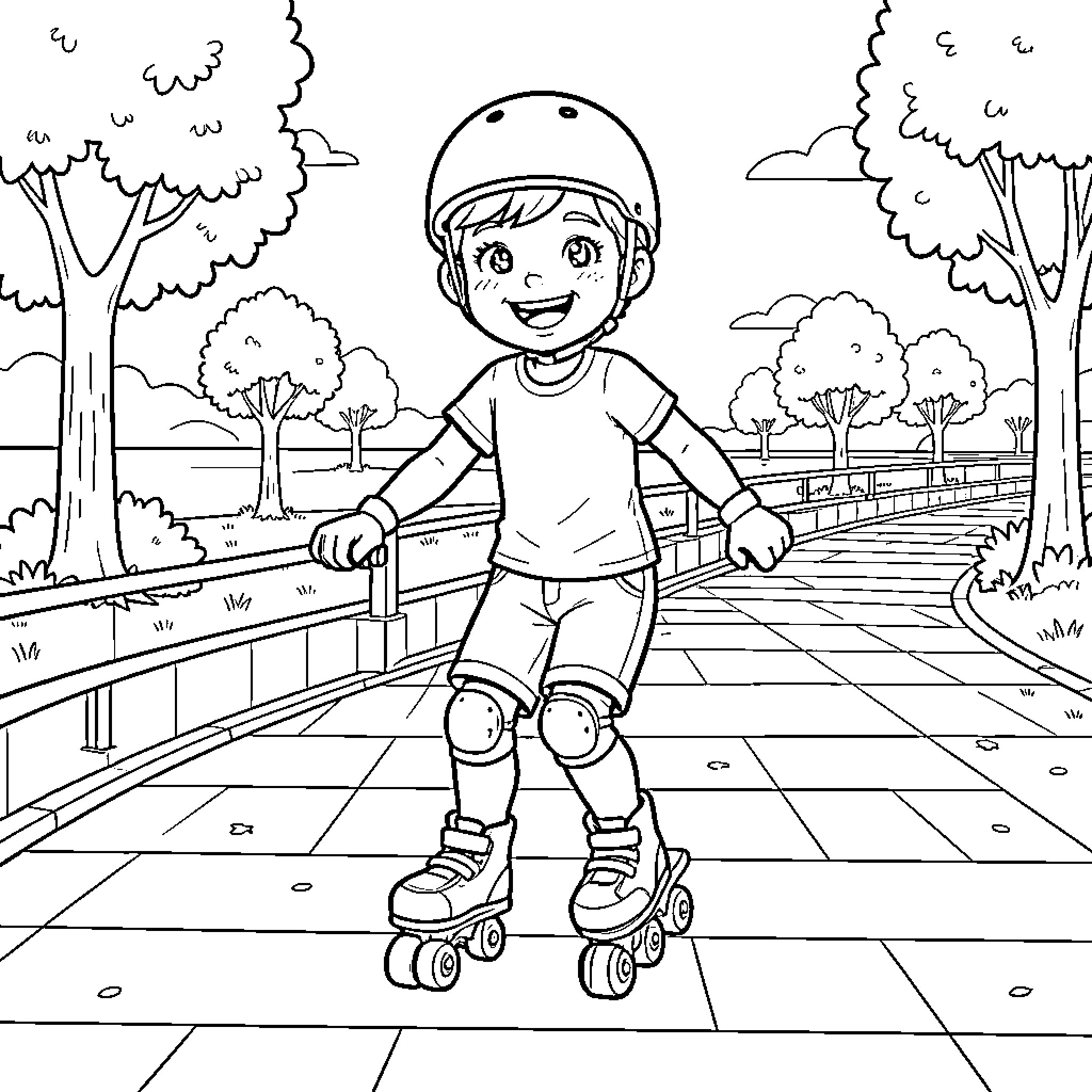 Minie smiling while roller skating in the park Coloring Page (free black-and-white line drawing printable PDF for all, from beginners to advanced learners, including children, teens, adults, and seniors)