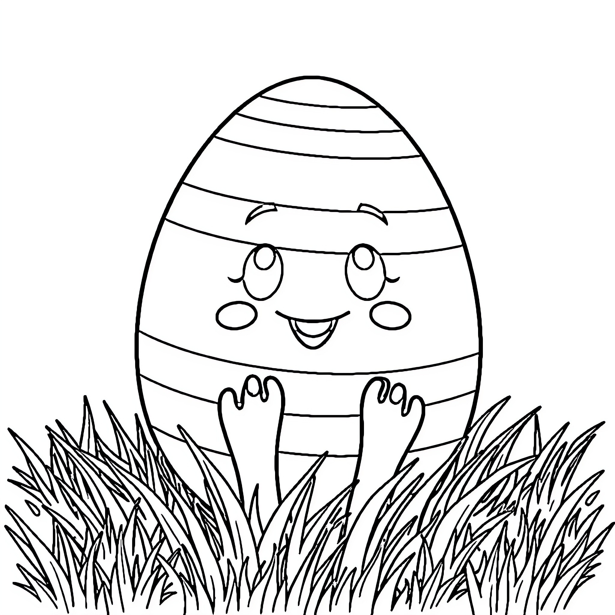 Easter Egg with a Cheerful Expression in Grass Coloring Page (free black-and-white line drawing printable PDF for all, from beginners to advanced learners, including children, teens, adults, and seniors)