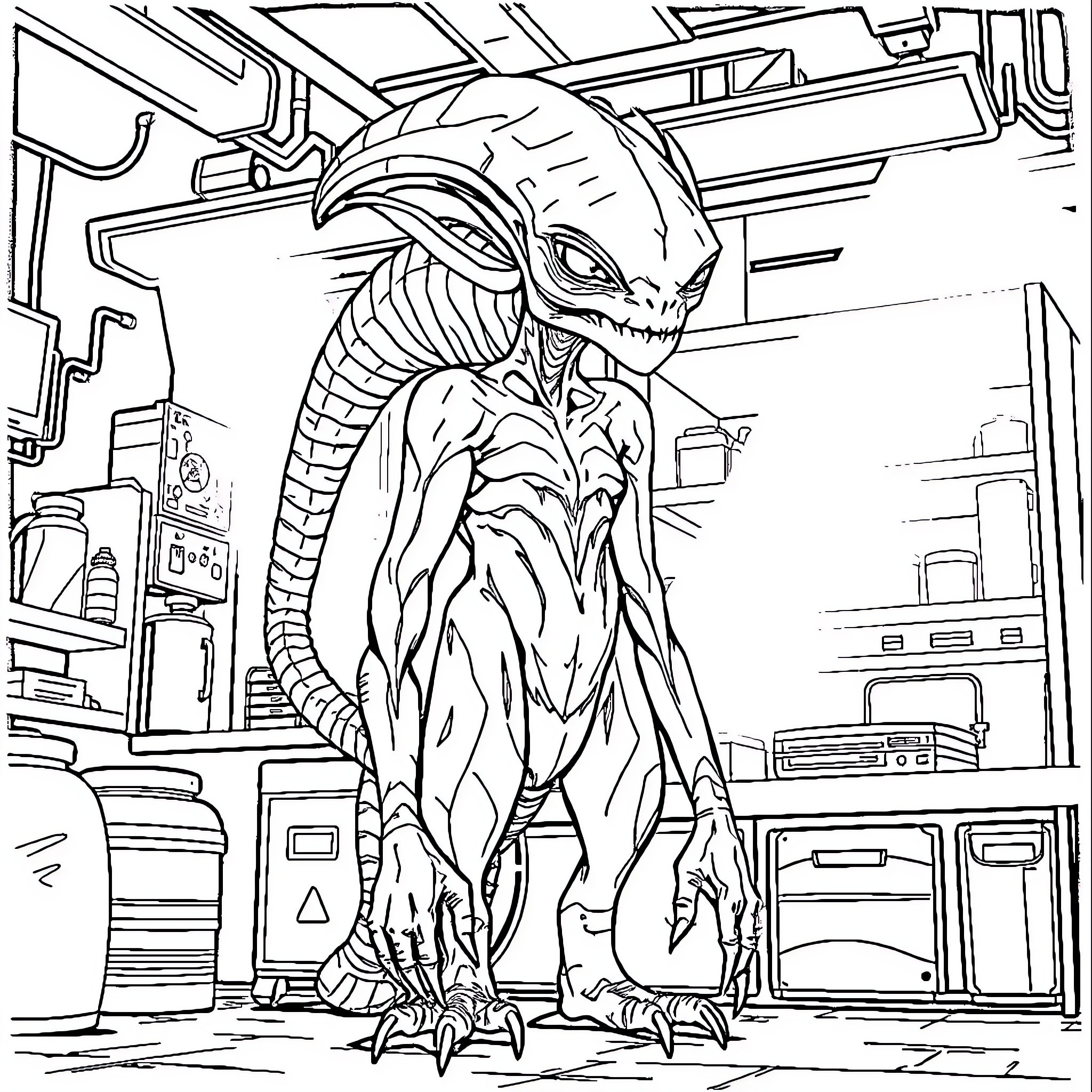 Silhouettes of an Alien Creature in a Futuristic Sci-Fi Setting Coloring Page (free black-and-white line drawing printable PDF for all, from beginners to advanced learners, including children, teens, adults, and seniors)