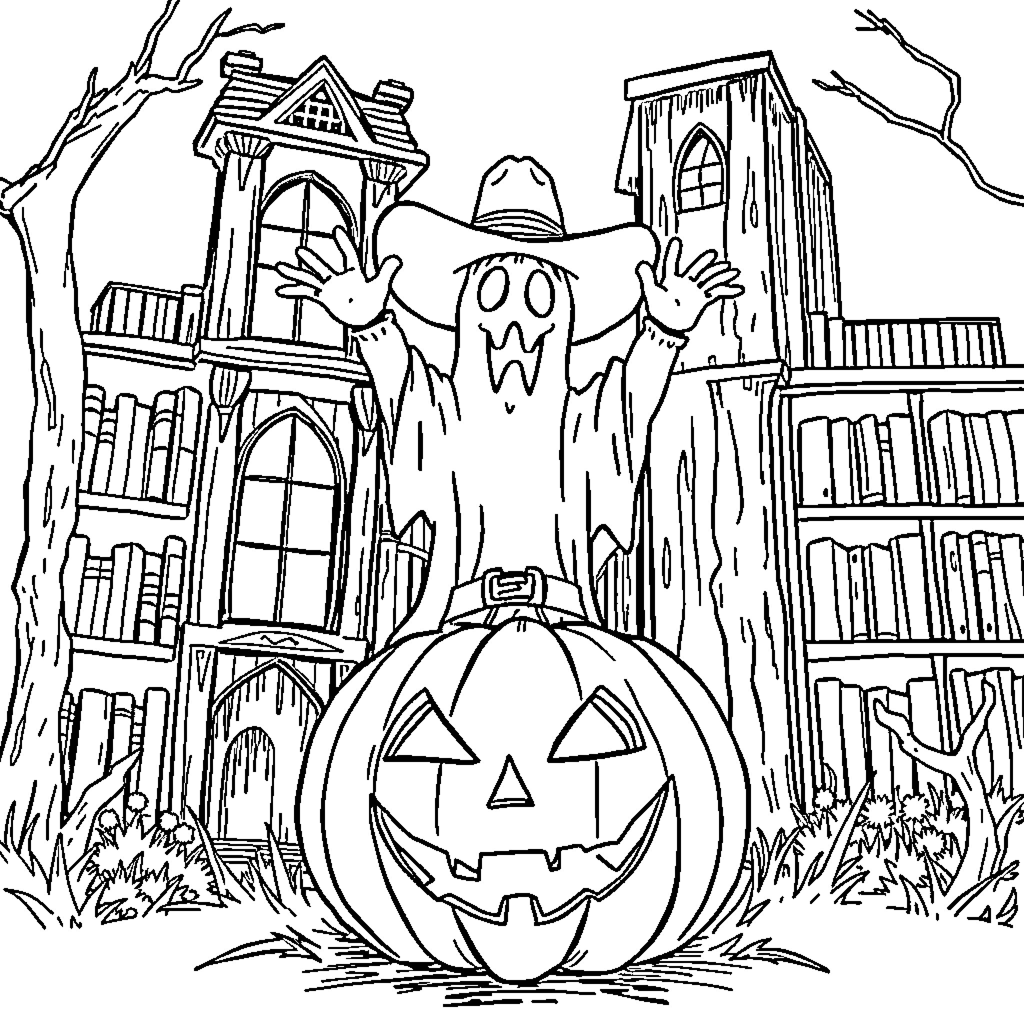 Cowboy Ghost and Spooky Halloween Scene Coloring Page (free black-and-white line drawing printable PDF for all, from beginners to advanced learners, including children, teens, adults, and seniors)