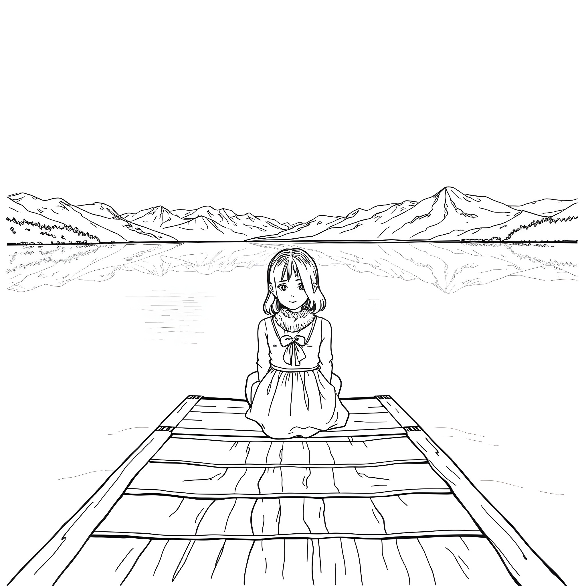 Girl sitting alone on a wooden pier overlooking mountains Coloring Page (free black-and-white line drawing printable PDF for all, from beginners to advanced learners, including children, teens, adults, and seniors)