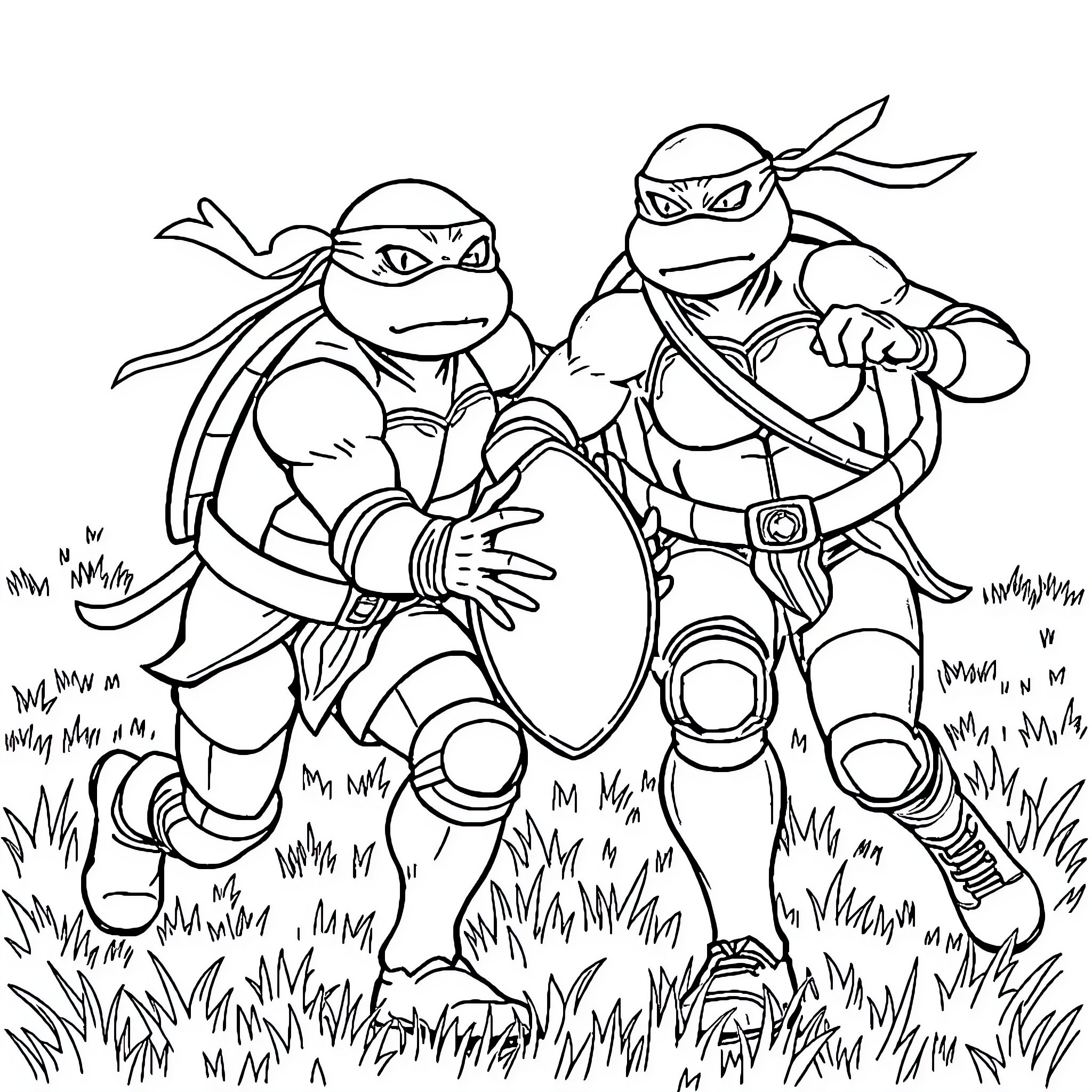 Ninja Turtle teammates on a mission in the wilderness Coloring Page (free black-and-white line drawing printable PDF for all, from beginners to advanced learners, including children, teens, adults, and seniors)