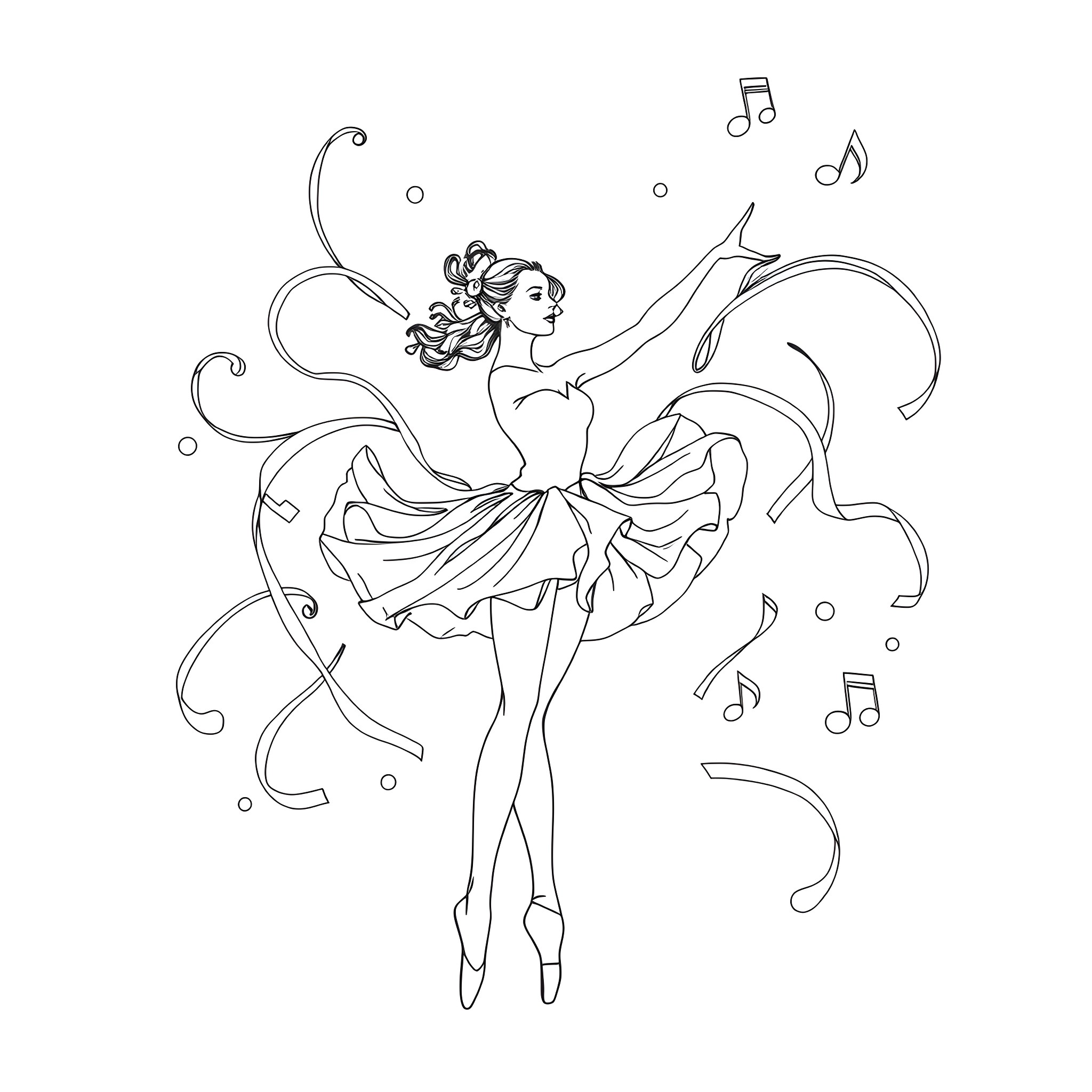 Ballet dancer performing with graceful movements Coloring Page (free black-and-white line drawing printable PDF for all, from beginners to advanced learners, including children, teens, adults, and seniors)