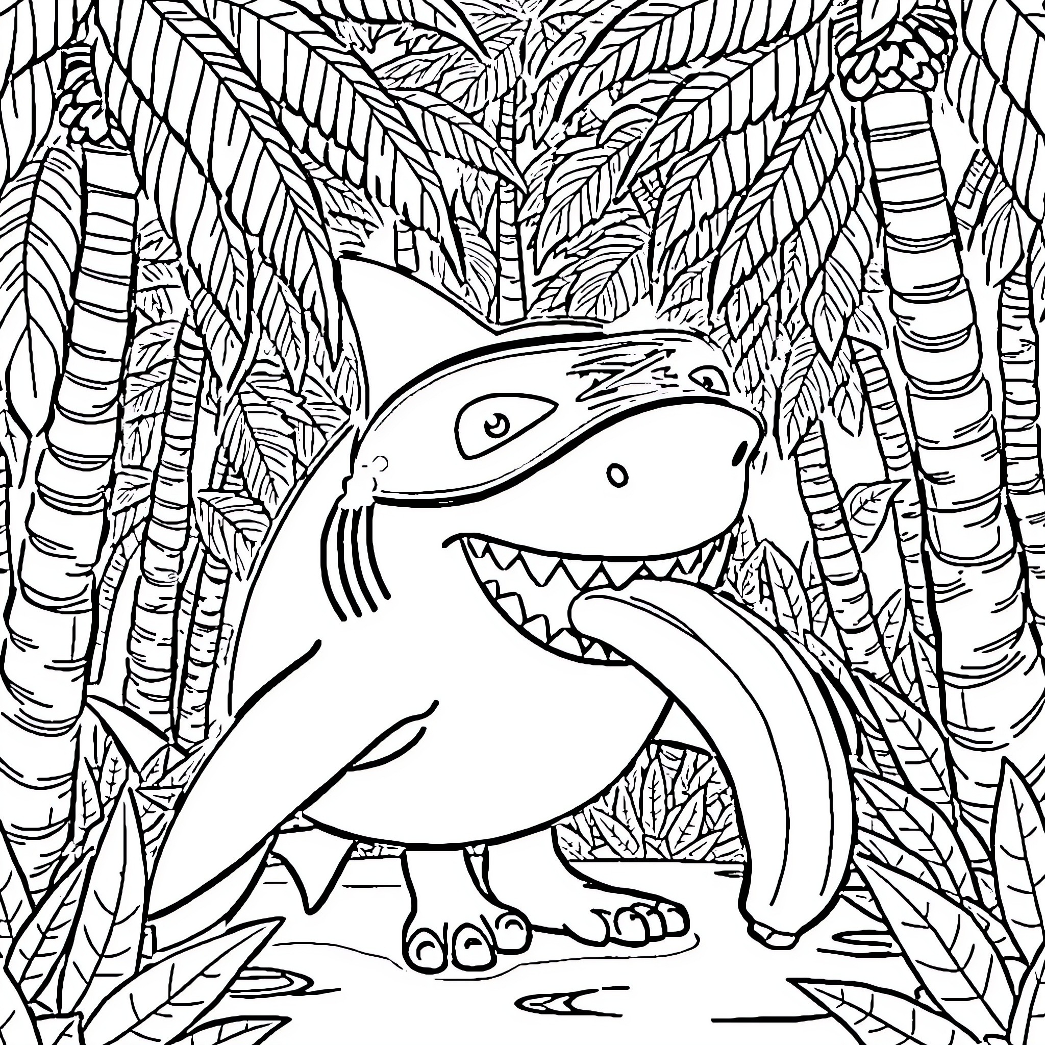 Shark swimming in the tropical jungle Coloring Page (free black-and-white line drawing printable PDF for all, from beginners to advanced learners, including children, teens, adults, and seniors)
