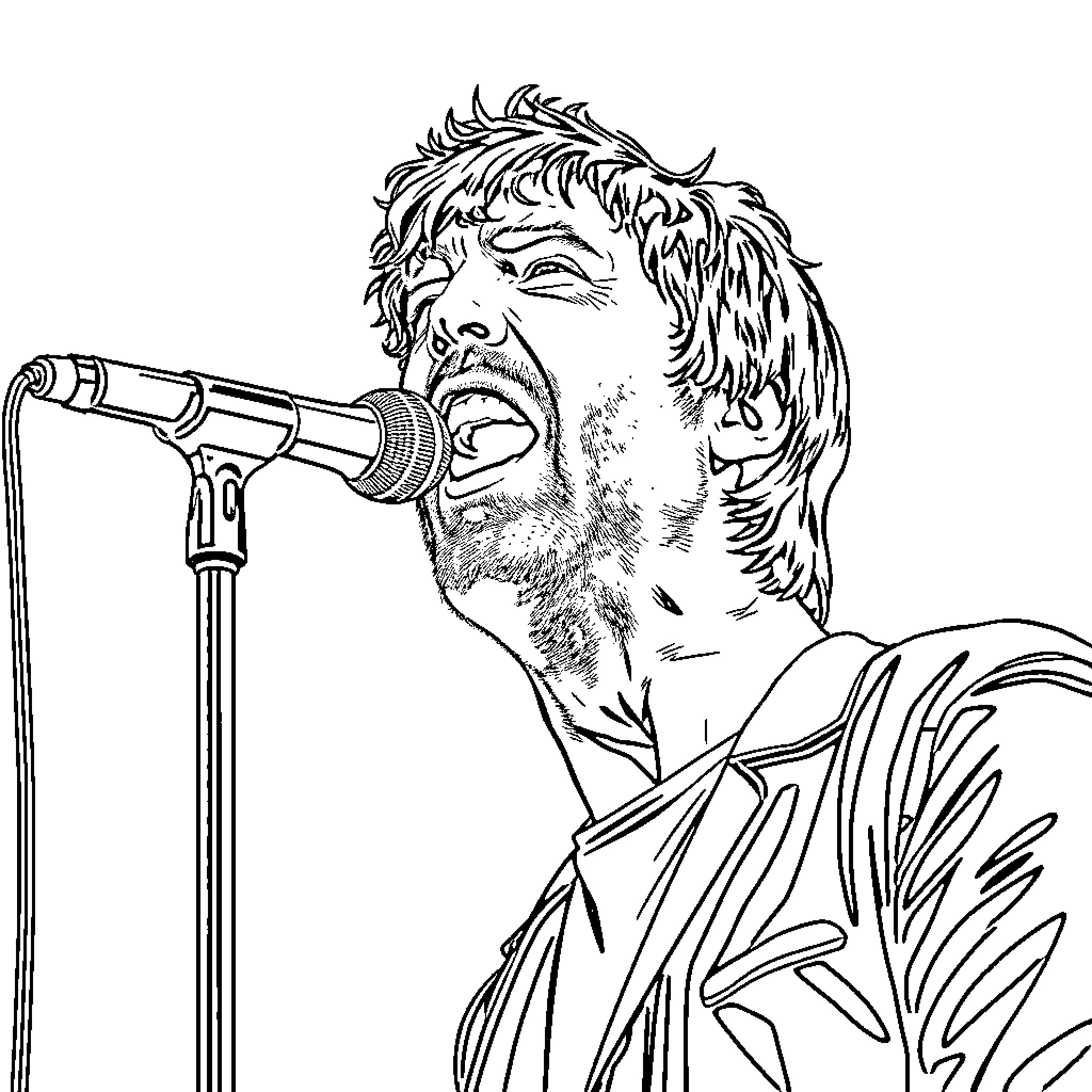 Liam Gallagher performing on stage with microphone Coloring Page (free black-and-white line drawing printable PDF for all, from beginners to advanced learners, including children, teens, adults, and seniors)